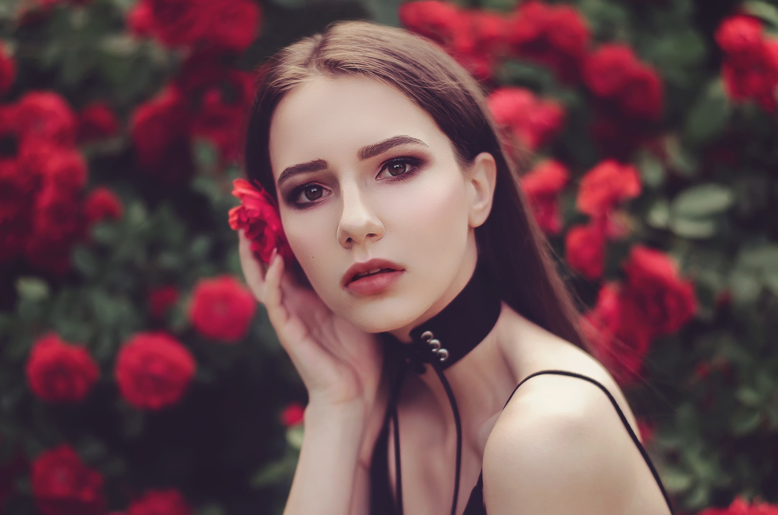 s, cage, adult, young adult, one person, flower in hair, beautiful people, dark eyes, face, beauty, front view, black, flower, flowering plant, make-up, HD Wallpaper