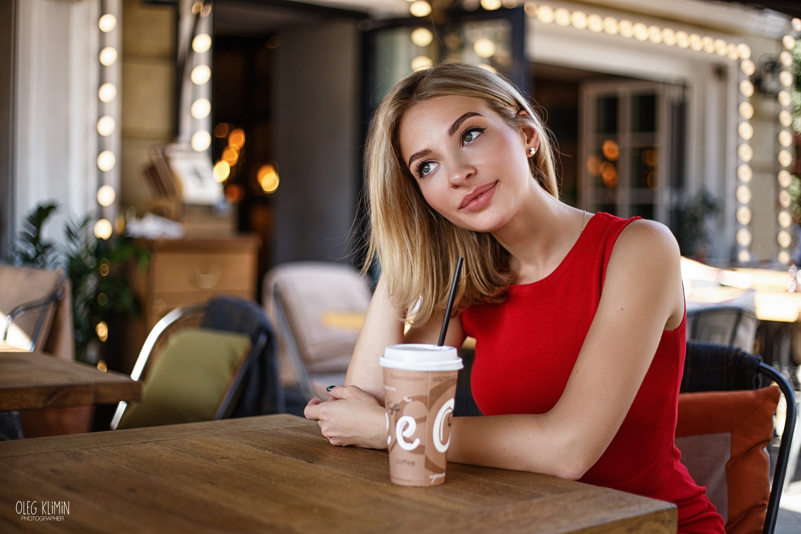 drink, smiling, indoors, tight dress, seat, hair, coffee house, painted nails, dress, Oleg Klimin, beautiful woman, blonde, looking at camera, chair, cafe, HD Wallpaper