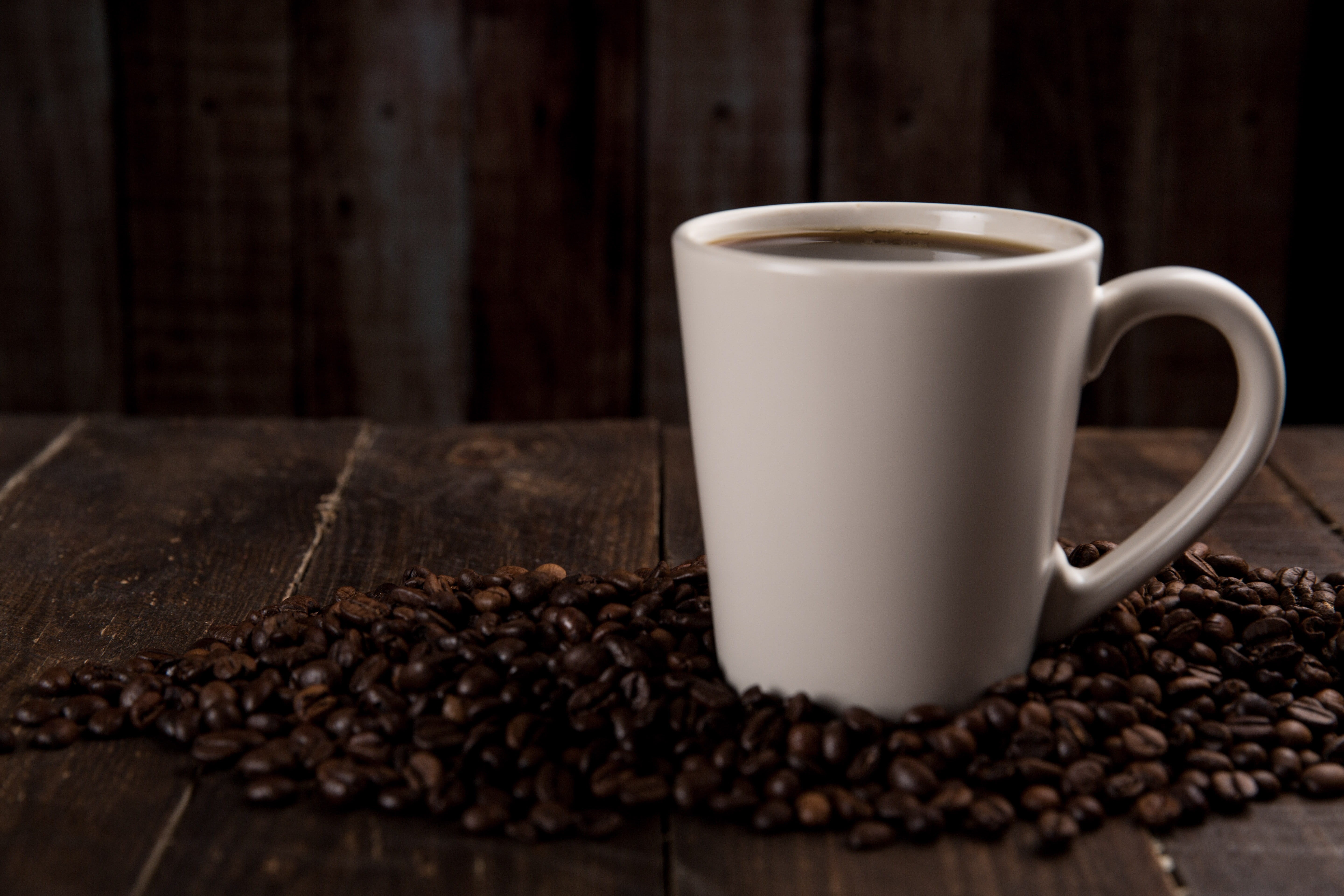 white color, latte, espresso, cup of coffee, freshness, selective focus, mug, hot, cup, coffee beans, coffee cup, 5K, still life, beverage, rustic, dark, HD Wallpaper