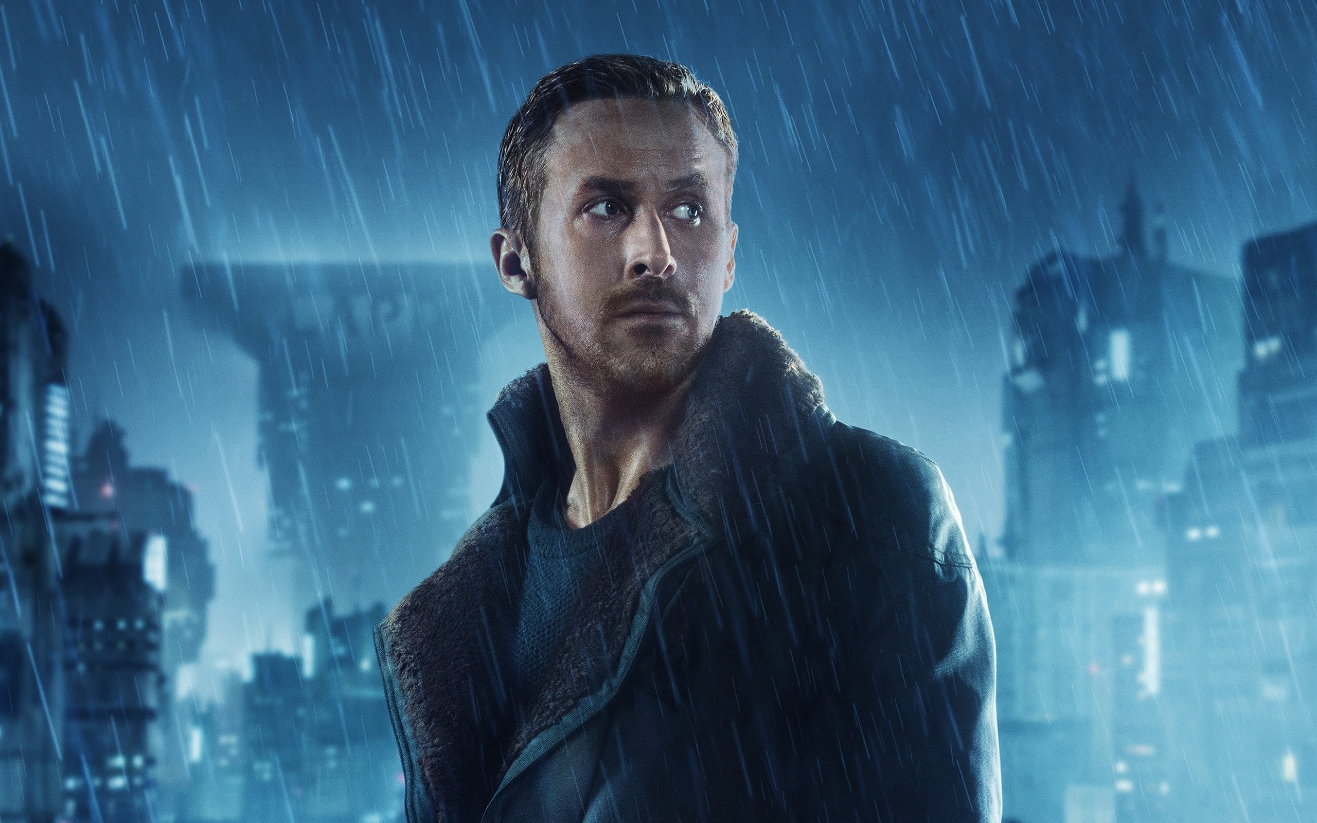 looking at camera, rain, young adult, skyscraper, contemplation, headshot, movies, Ryan Gosling, night, adult, actor, front view, 2K, businessman, Officer K, HD Wallpaper
