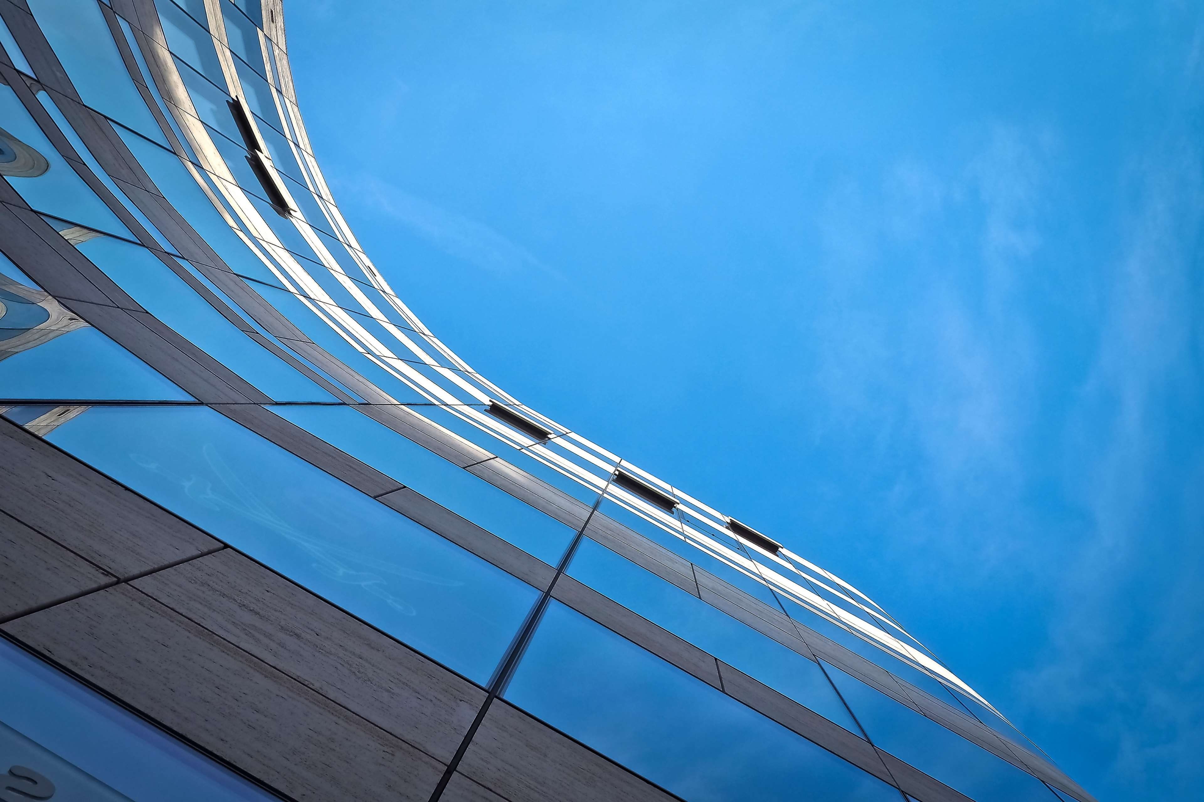 modern building, day, city, commercial building, dsseldorf, office building, building exterior, pattern, low angle view, design, arch, clouds, abstract, HD Wallpaper