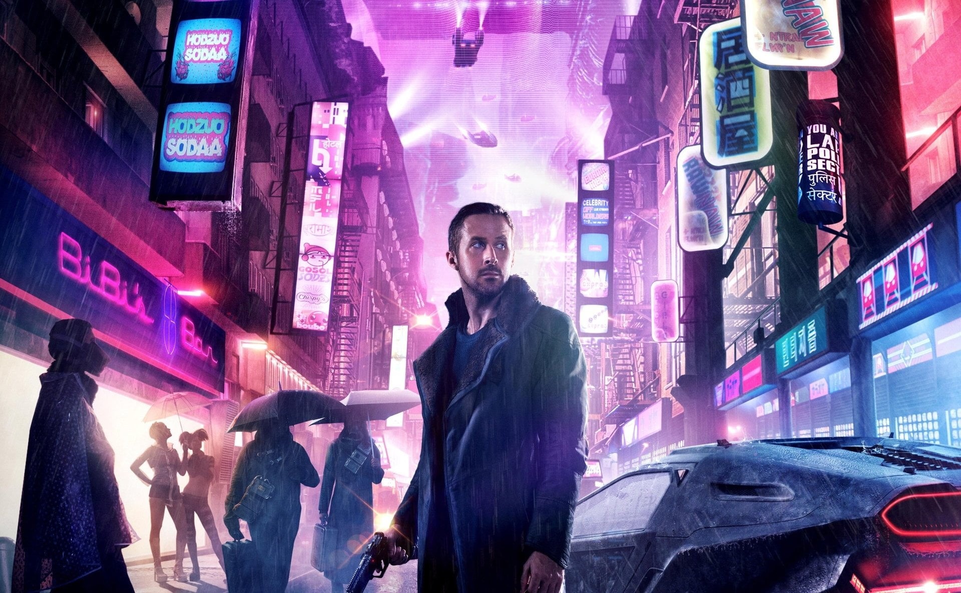 Officer K (Blade Runner 2049), young adult, people, digital composite, purple, young men, adult, illuminated, city, building exterior, built structure, HD Wallpaper