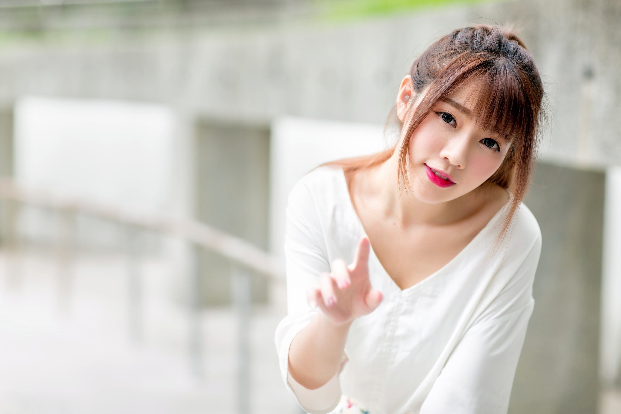 portrait, beautiful woman, lipstick, outdoors, young adult, adult, focus on foreground, Asian, front view, young women, beauty, looking at camera, hairstyle, HD Wallpaper