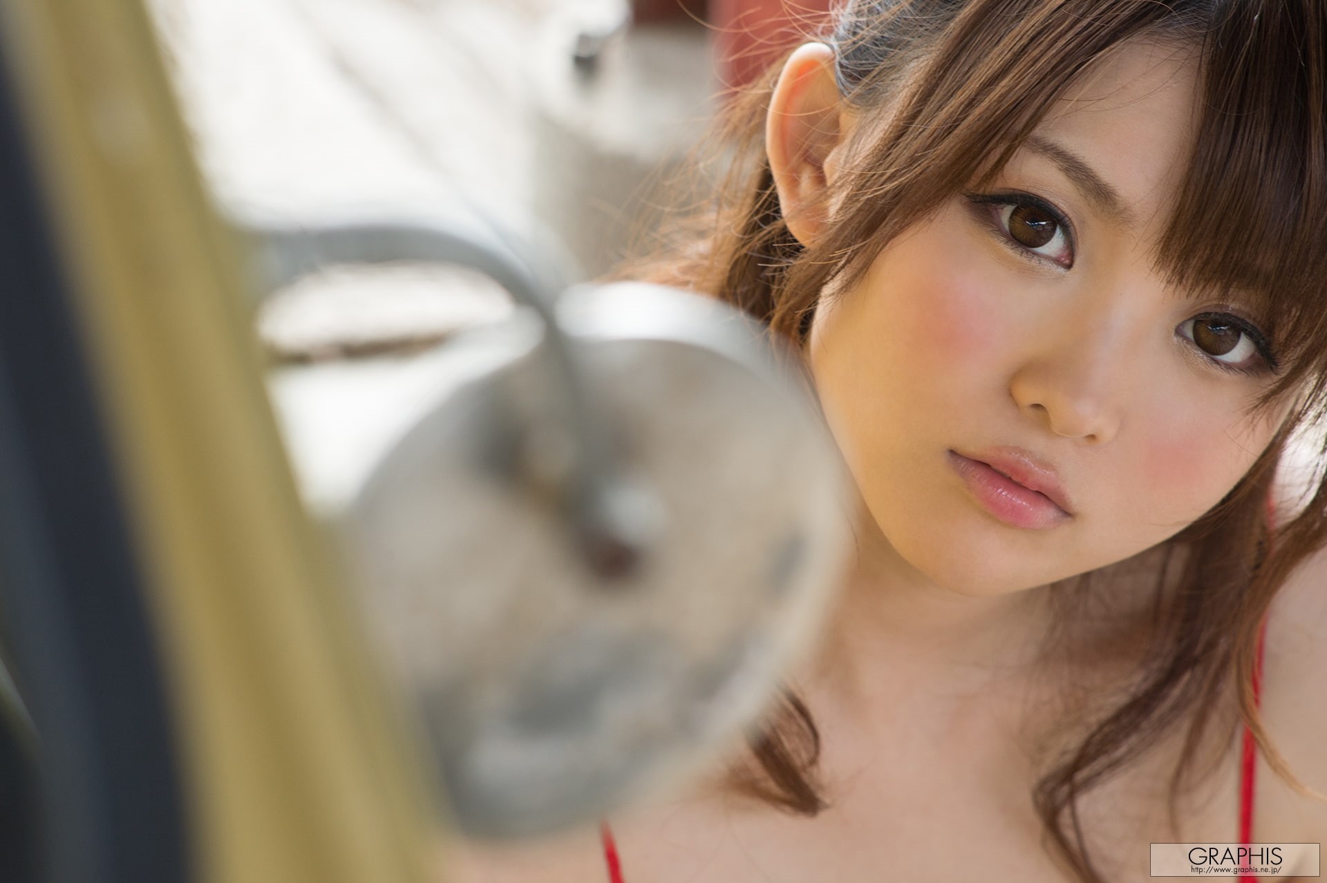 big eye contact lenses, bangs, brunette, brown eyes, model, face, depth of field, women, portrait, looking at viewer, Asian, 1080P, graphis.ne, long hair, HD Wallpaper