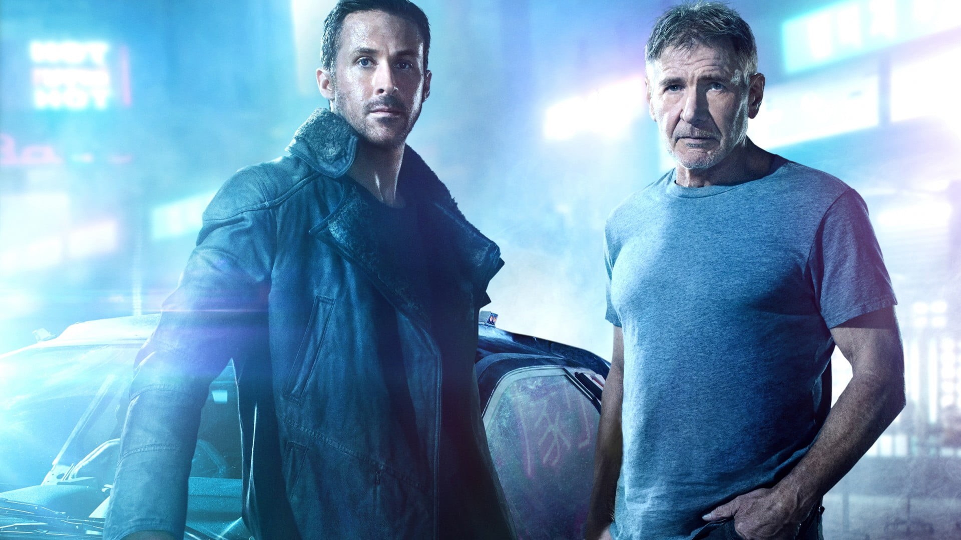 Harrison Ford, men, positive emotion, senior adult, Ryan Gosling, illuminated, adult, casual clothing, indoors, lens flare, bonding, emotion, front view, HD Wallpaper