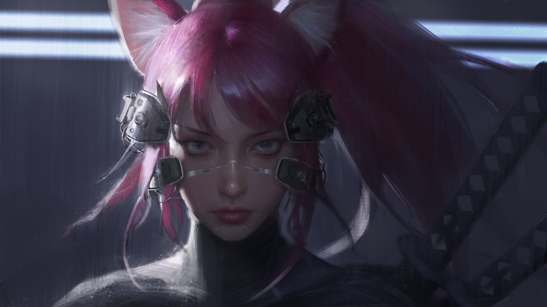 pink hair, portrait, drawing, 1080P, ponytail, women, katana, cat girl, cyberpunk, weapon, Yuhong Ding, looking at viewer, HD Wallpaper