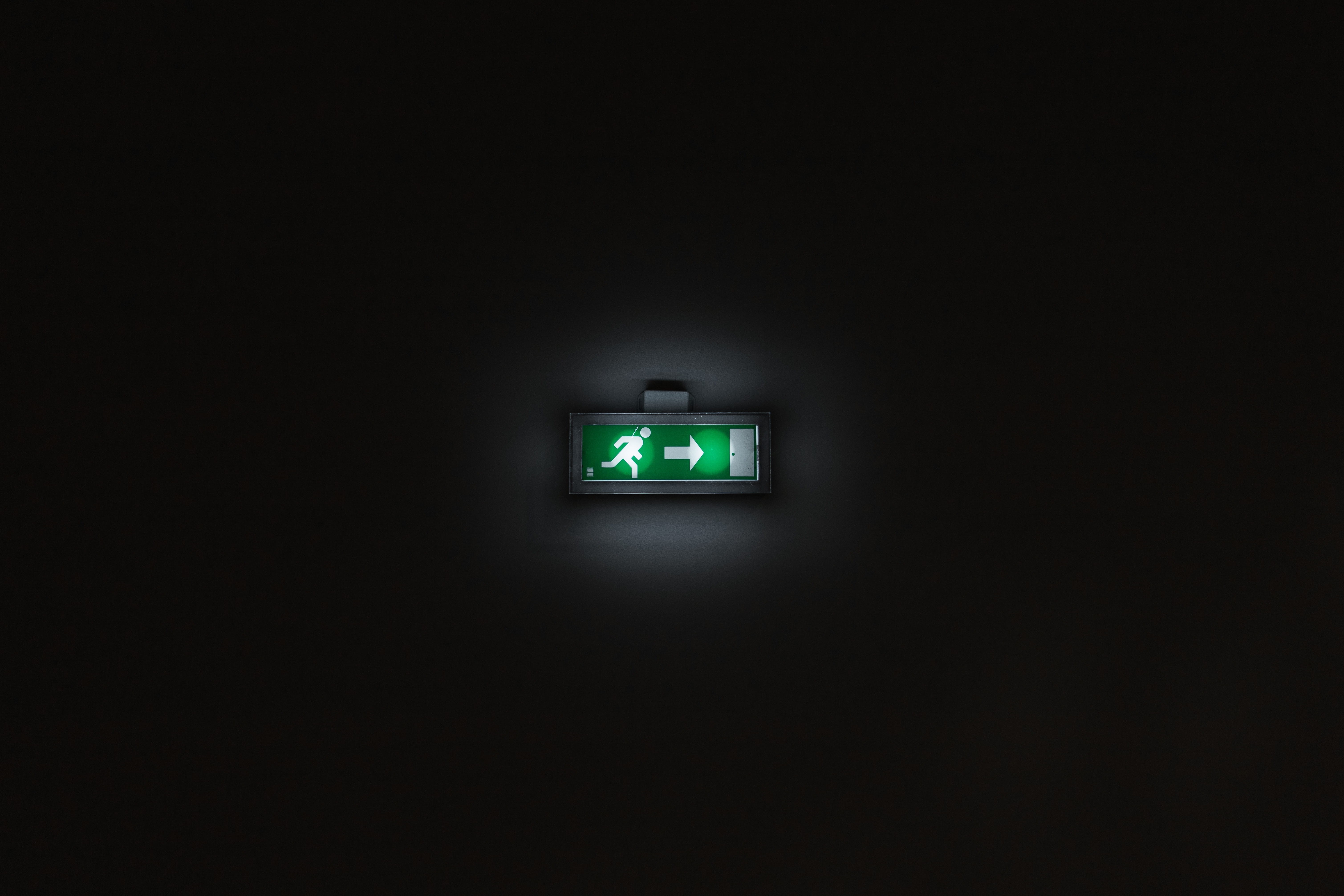 no People, light Bulb, exit, minimalist, escape route, arrow, electric Lamp, green, 5K, domestic Room, bright, illuminated, indoors, night, lighting Equipment, HD Wallpaper
