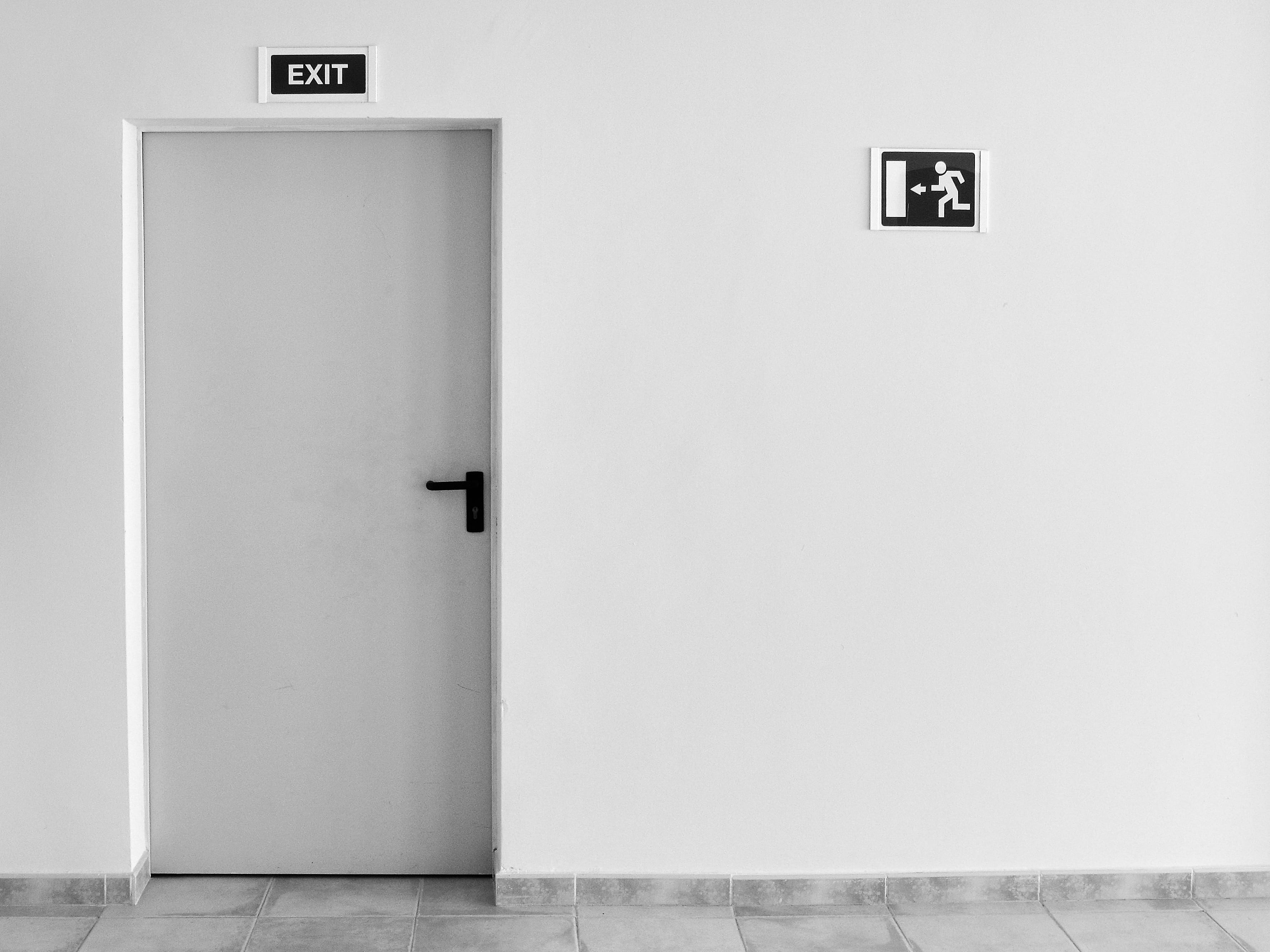 arrow symbol, number, public restroom, doorway, indoors, fire exit, exit sign, closed, public building, exit, 2K, copy space, entrance, text, white, painted, HD Wallpaper