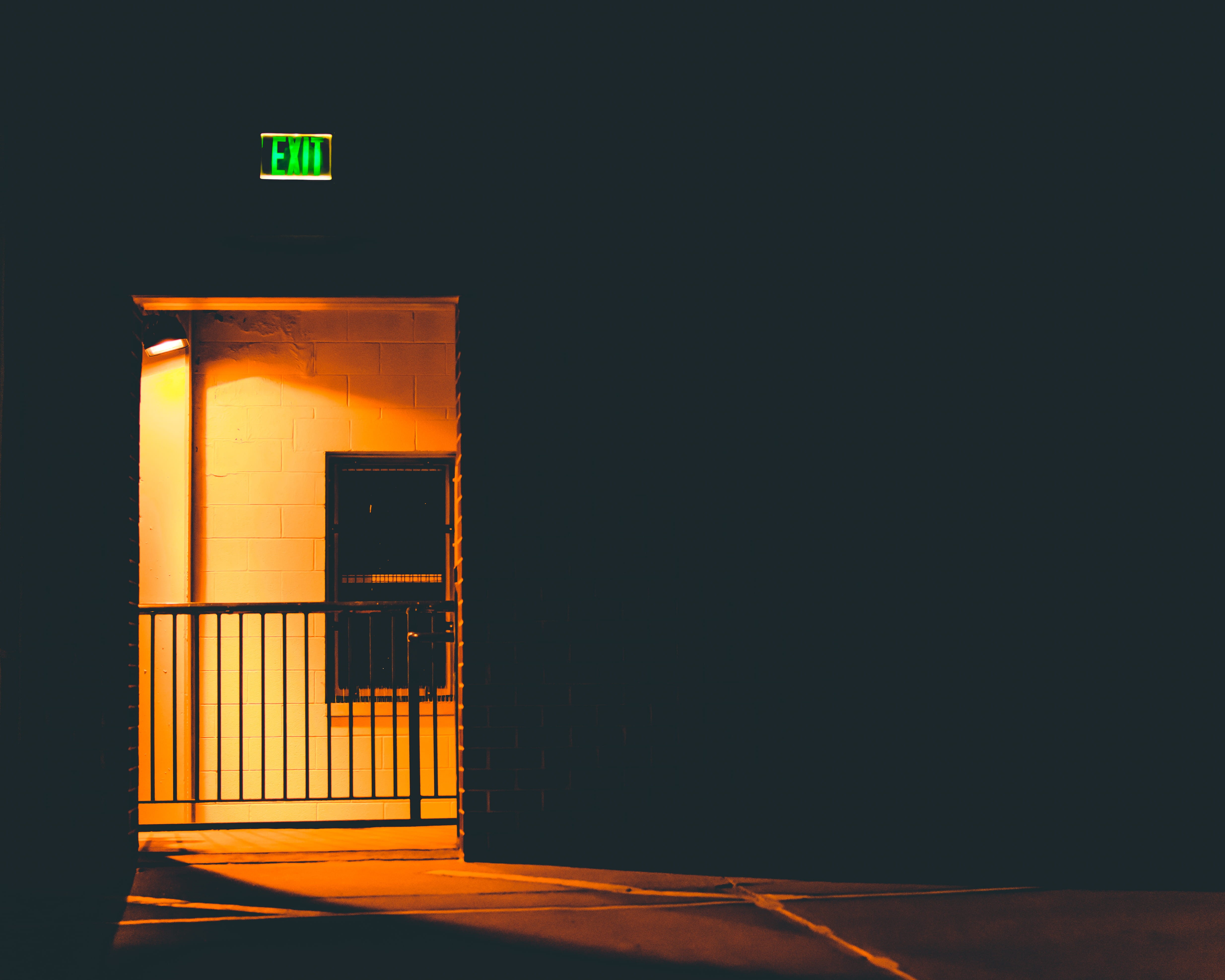 turned, no people, floor, flooring, night, architecture, window, wall - building feature, prison, wall, exit sign, illuminated, stage, orange color, entrance, HD Wallpaper