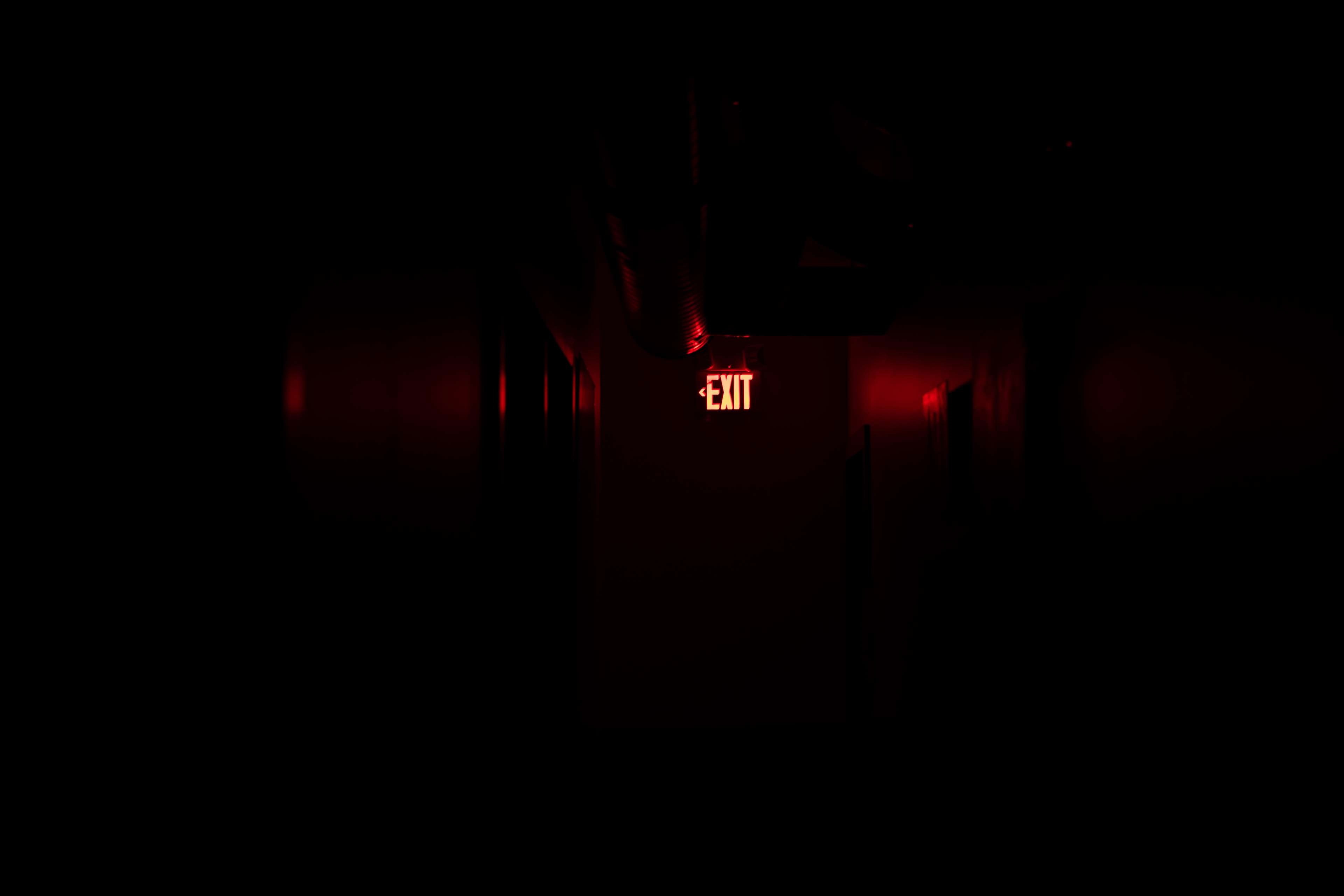 red, arts culture and entertainment, exit, indoors, nightlife, lighting equipment, technology, domestic room, communication, mystery, night, 4K, no people, HD Wallpaper