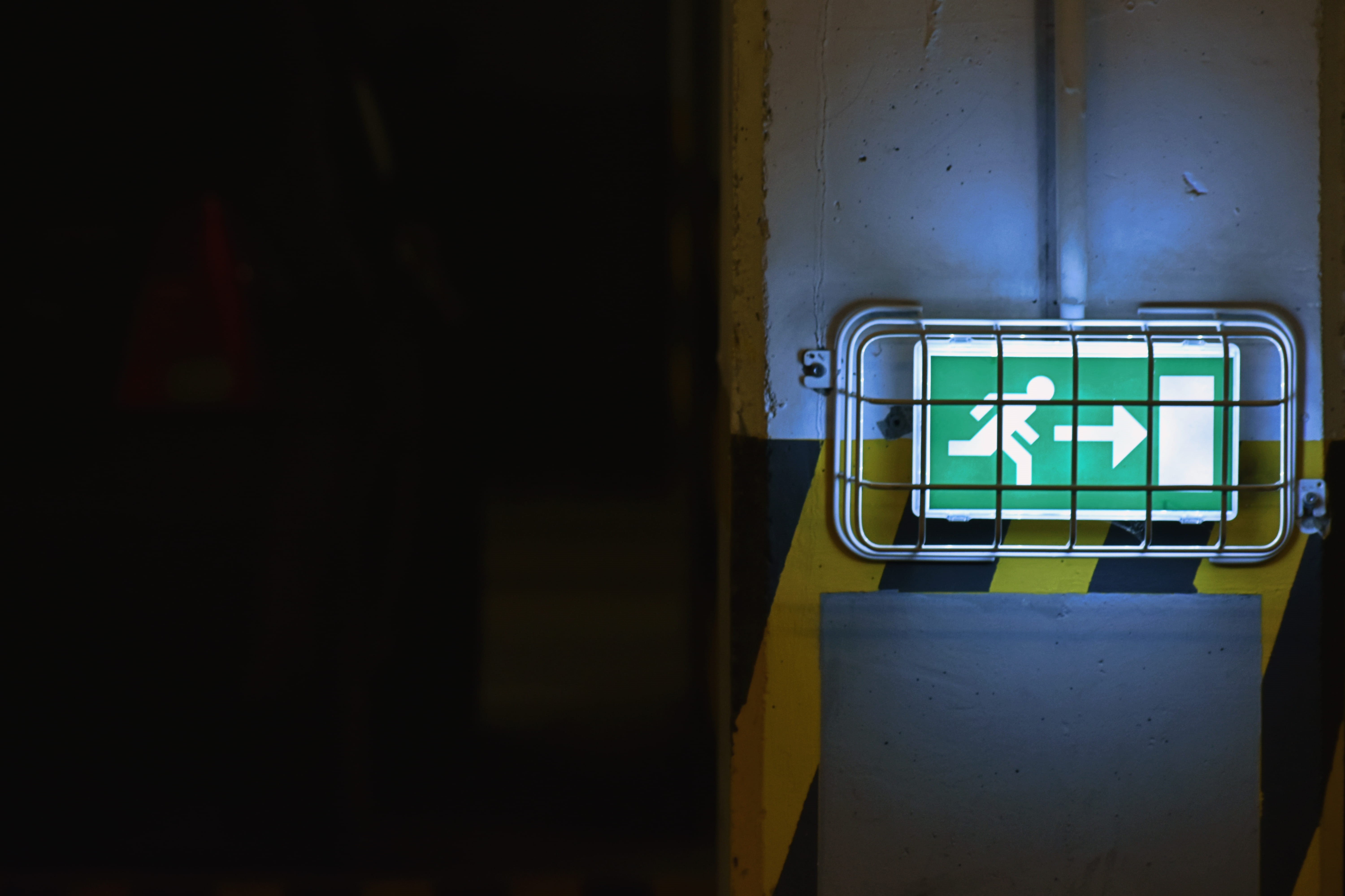 representation, night, illuminated, architecture, directional sign, 5K, information sign, safety, green color, human representation, arrow symbol, no people, HD Wallpaper
