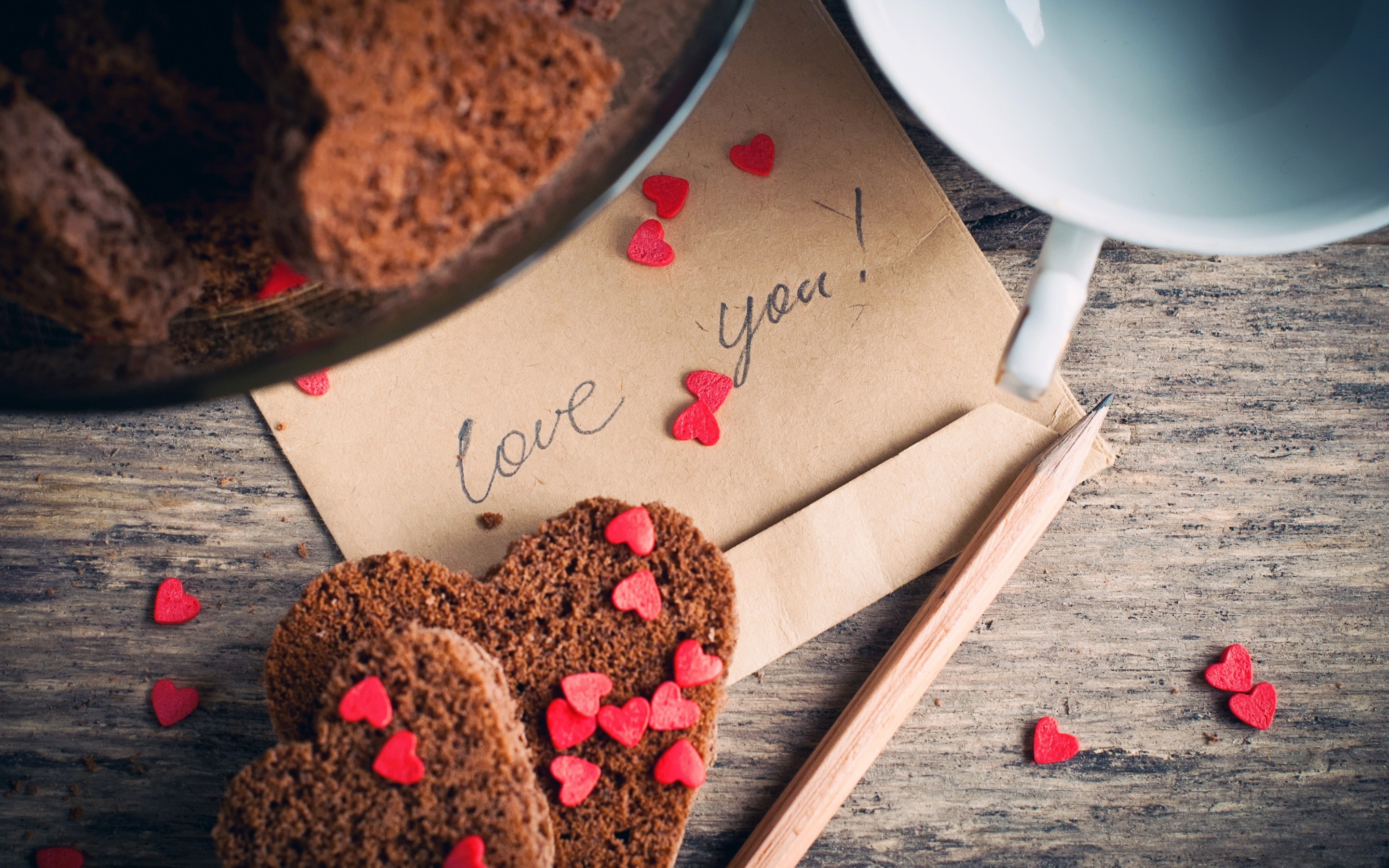 pencil, cup, 2K, Love you, cookies, hearts, heart, cakes, label, envelope, love, HD Wallpaper