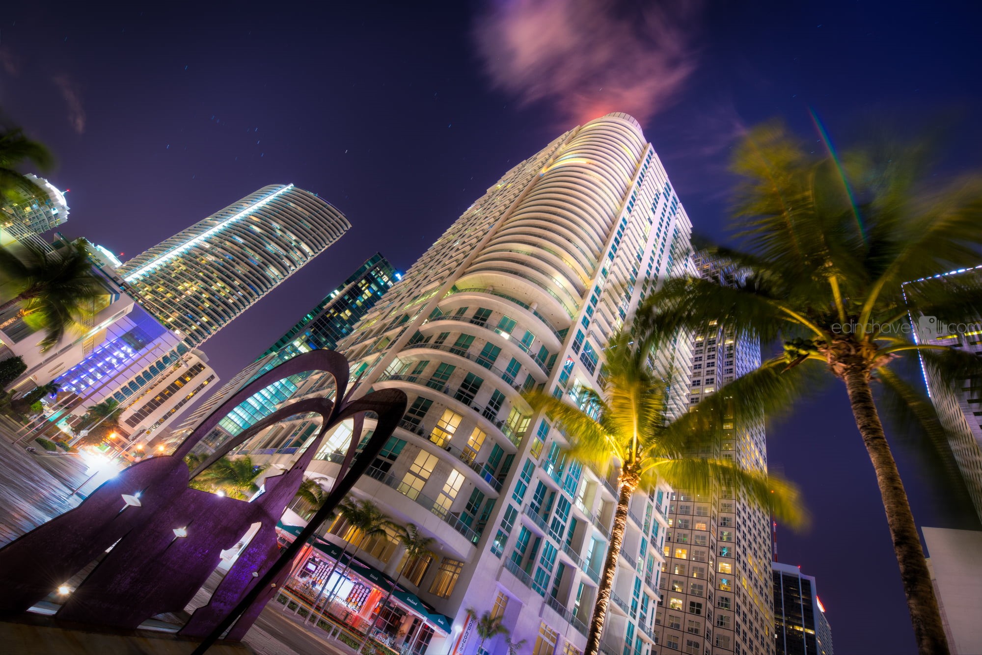 night, downtown District, street, travel Destinations, built Structure, cars, tropical climate, finance, sky, palm Tree, tall - High, modern, dusk, skyscraper, HD Wallpaper