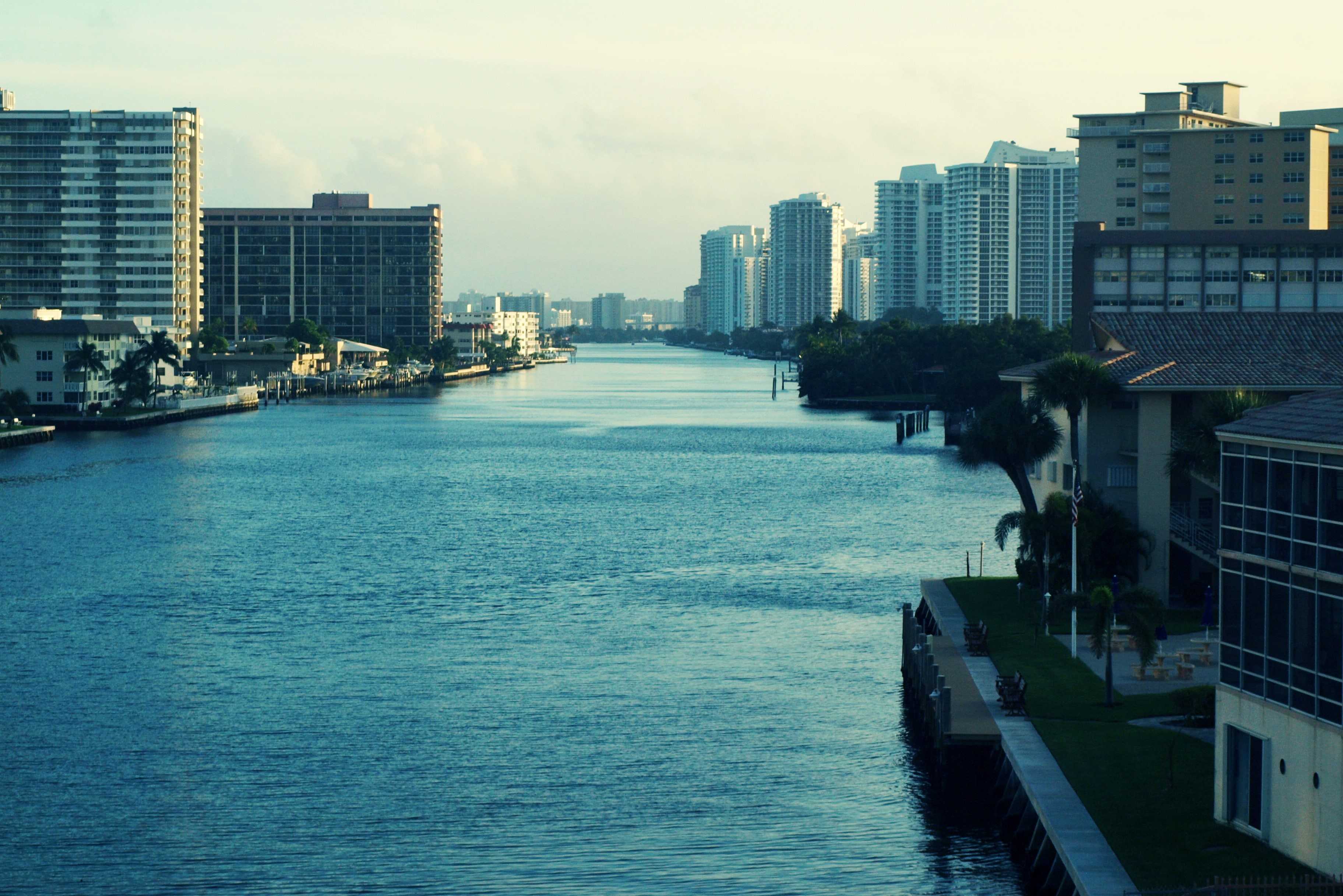 built structure, water, buildings, rise, skyscrapers, sky, vice city, office, transportation, cityscape, nautical vessel, residential district, building, HD Wallpaper