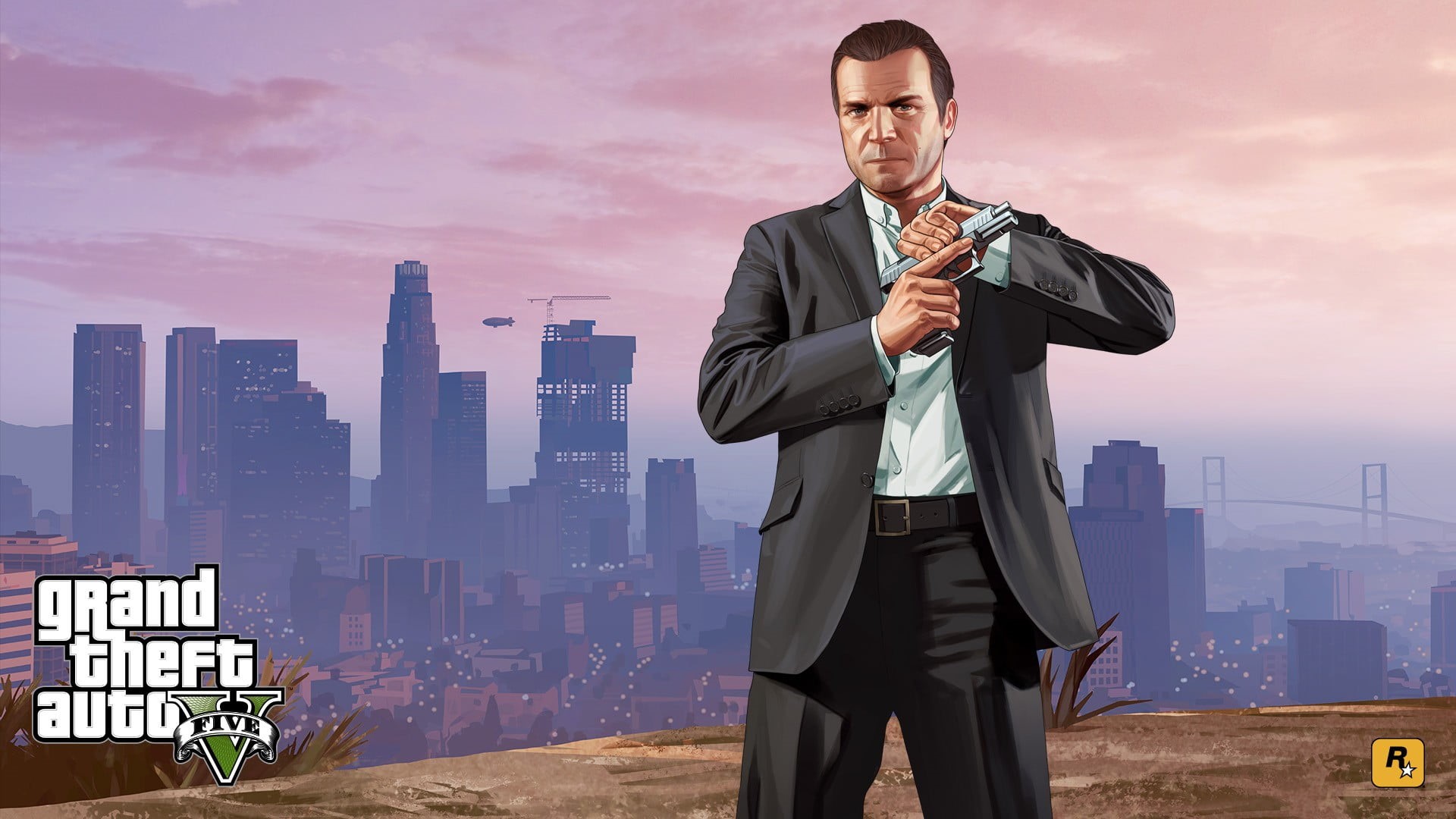men, building, adult, grand, males, outdoors, architecture, Grand Theft Auto V, front view, skyscraper, cityscape, well-dressed, video games, digital, five, HD Wallpaper