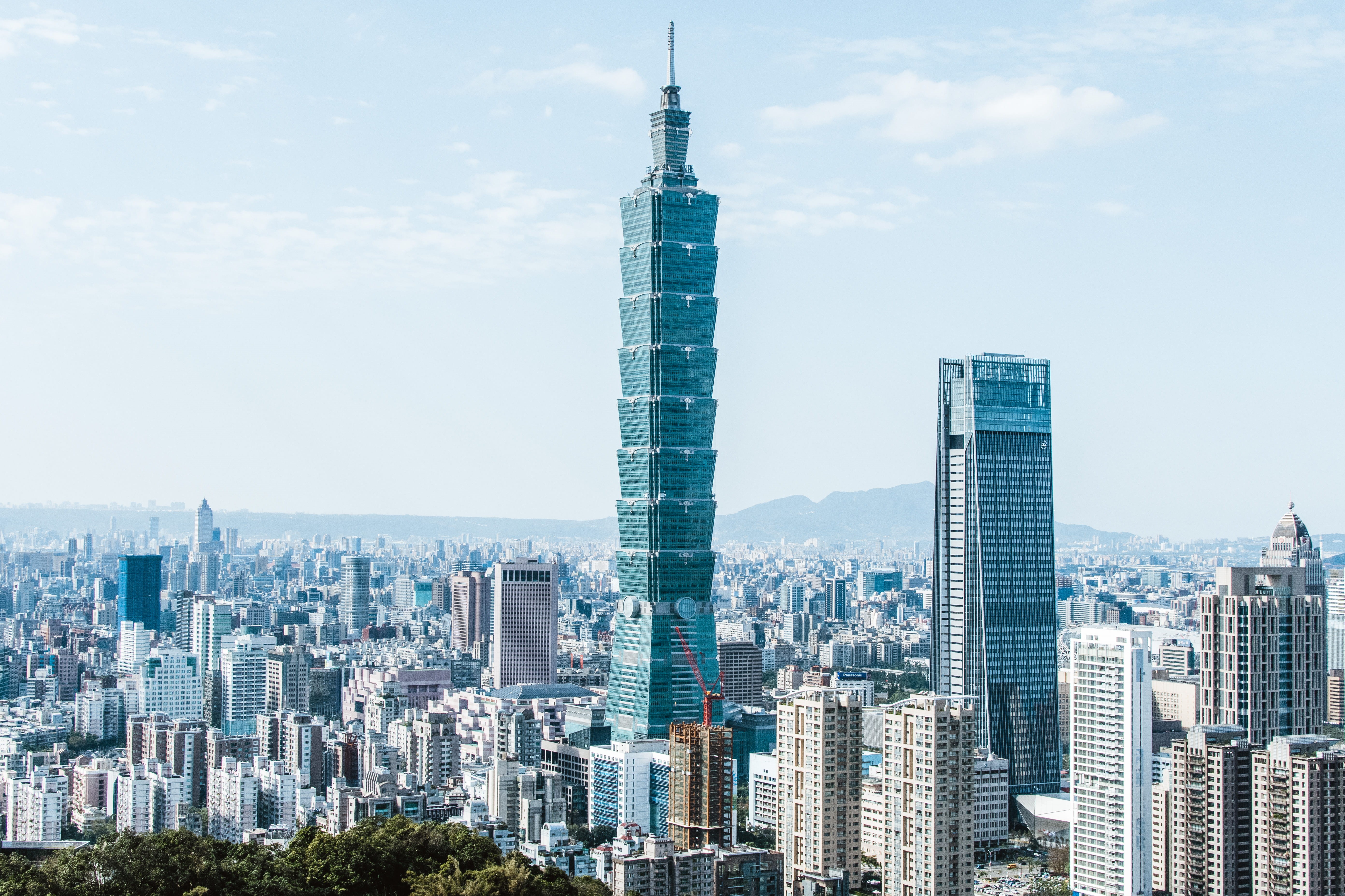 building exterior, blue, architecture, 5K, financial district, tall - high, concrete, nature, built structure, office, cityscape, tower, cloud - sky, taiwan, HD Wallpaper