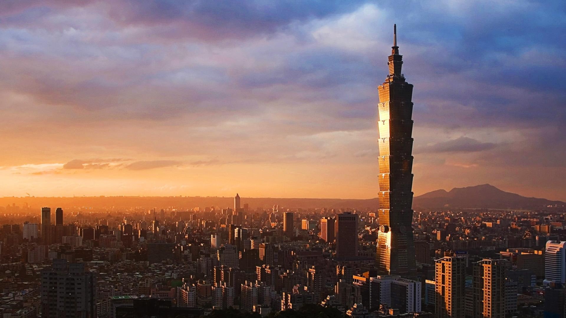 taipei, 1080P, skyscraper, taiwan, city, nature and landscapes, clouds, sunrise, HD Wallpaper