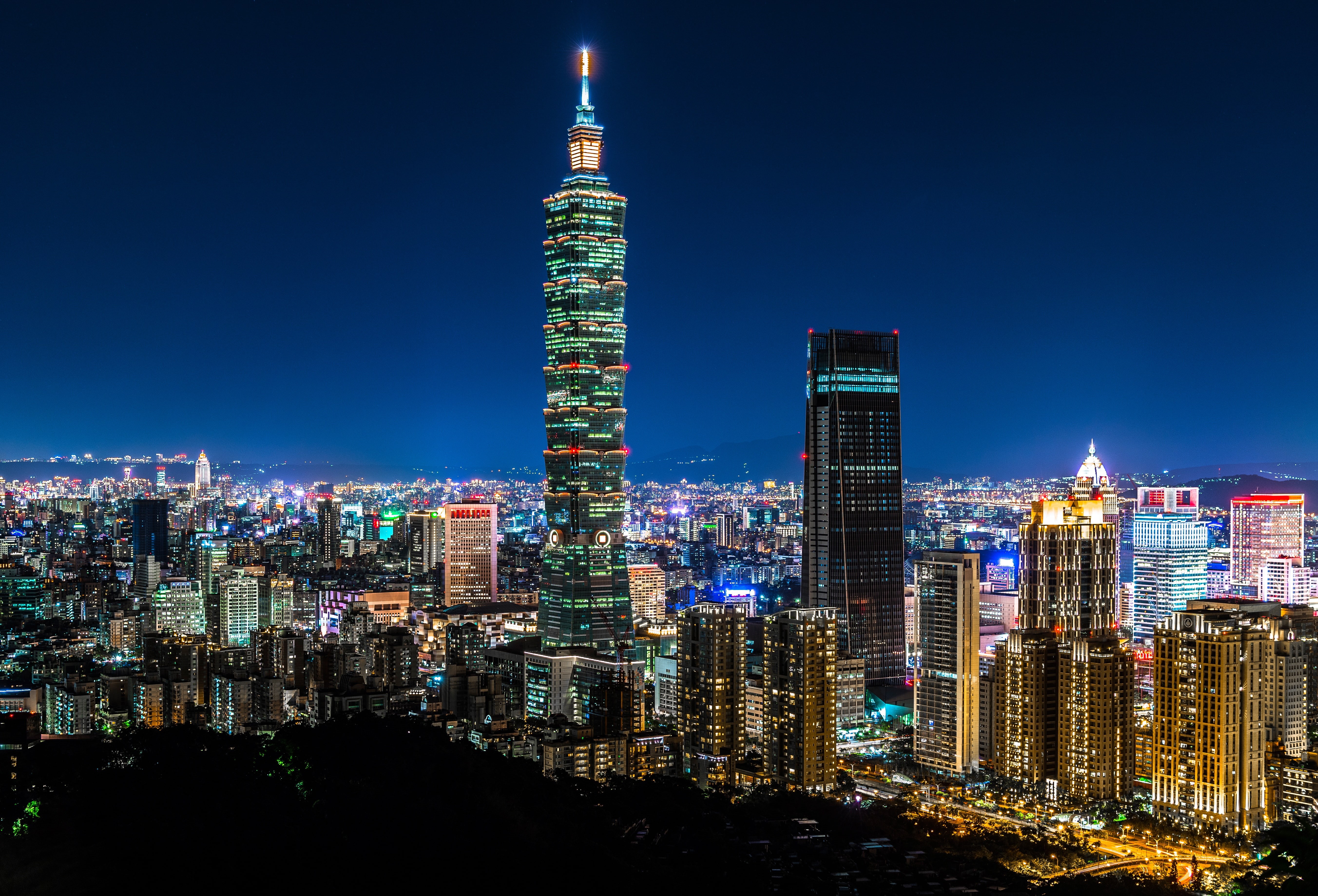 skyscraper, Taiwan, 5K, Taipei, Taipei World Financial Center, building, panorama, night city, China, Taipei 101, HD Wallpaper