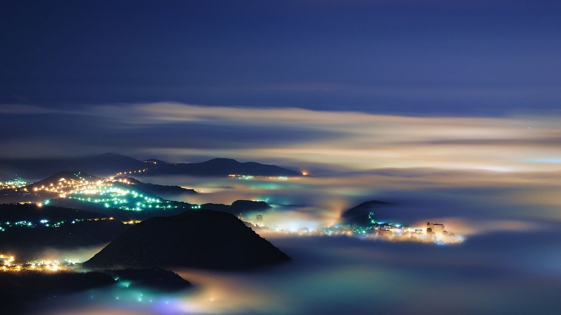 illuminated, outdoors, hills, night, beauty in nature, mountain, city, landscape, clouds, city lights, sea, cityscape, cyan, 1080P, mountain range, scenics - nature, HD Wallpaper