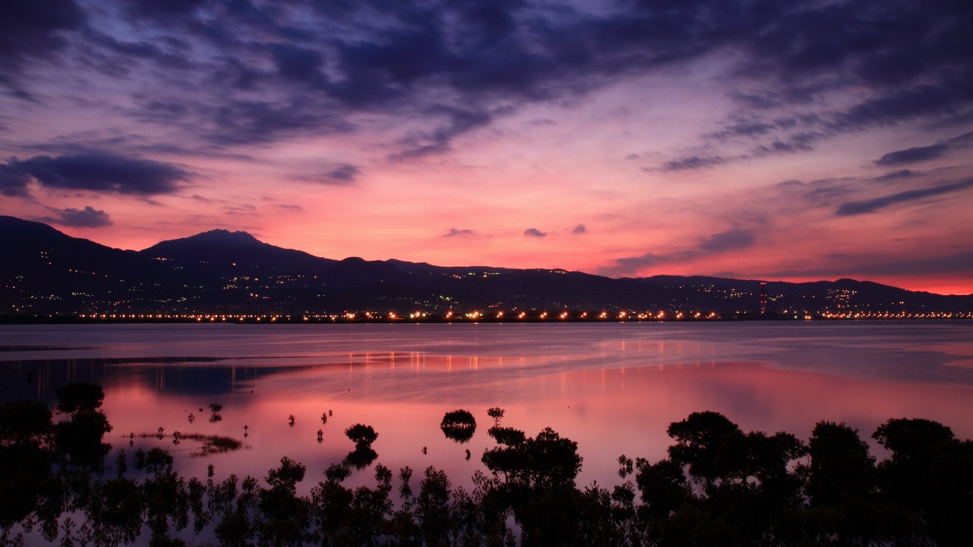 travel destinations, lights, sunset, lake, water, clouds, tranquil scene, no people, romantic sky, mountain, non-urban scene, Taipei, plant, beauty in nature, HD Wallpaper