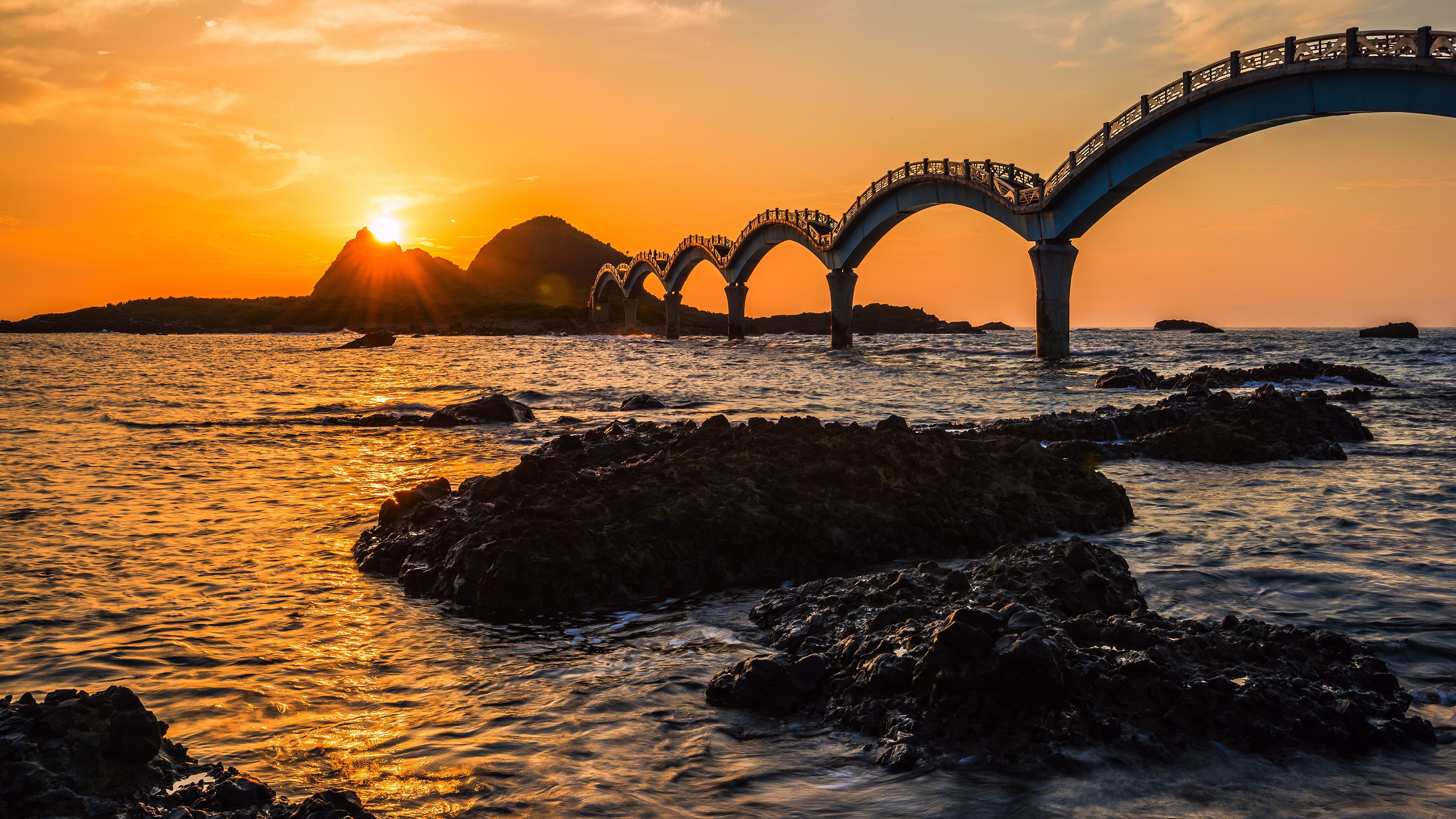 sunlight, solid, connection, water, orange color, bridge - man made structure, beauty in nature, sea, scenics - nature, sky, sun, rock - object, built structure, HD Wallpaper