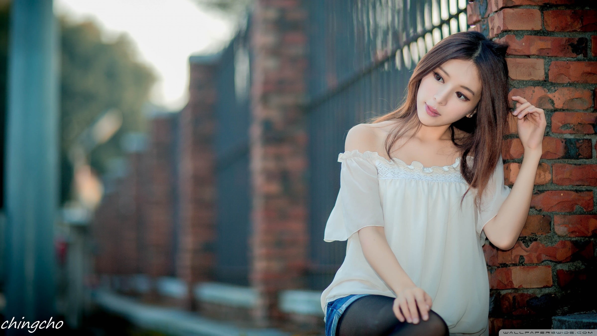 young women, brick, Taiwan, top, beautiful woman, contemplation, focus on foreground, white, outdoors, 1080P, standing, Taiwanese, women, wall, beauty, HD Wallpaper