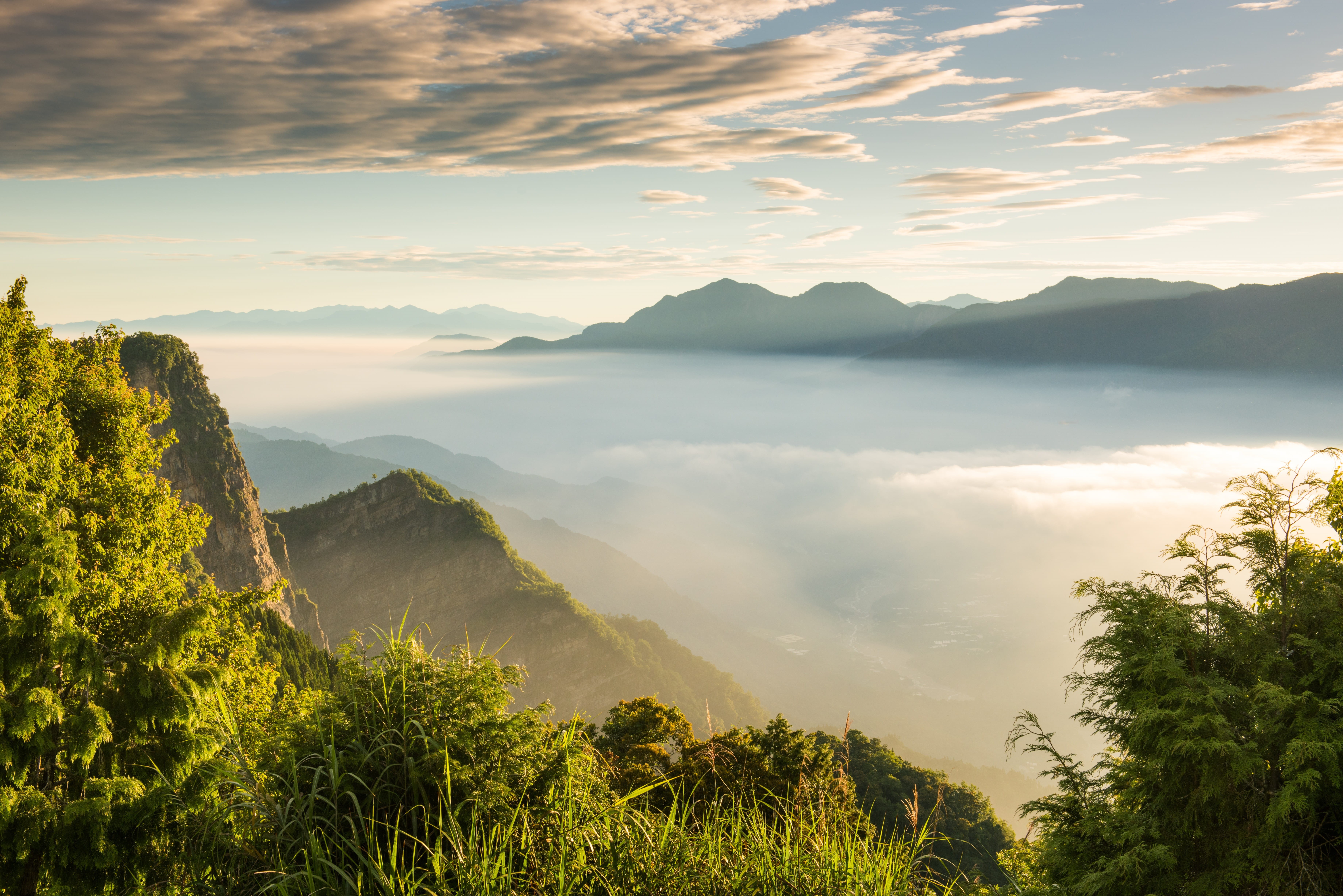 chenguang, tranquility, tree, a surname, mountain range, mist, no people, non-urban scene, white, silhouette, taiwan, sunset, mountain peak, mountains, HD Wallpaper