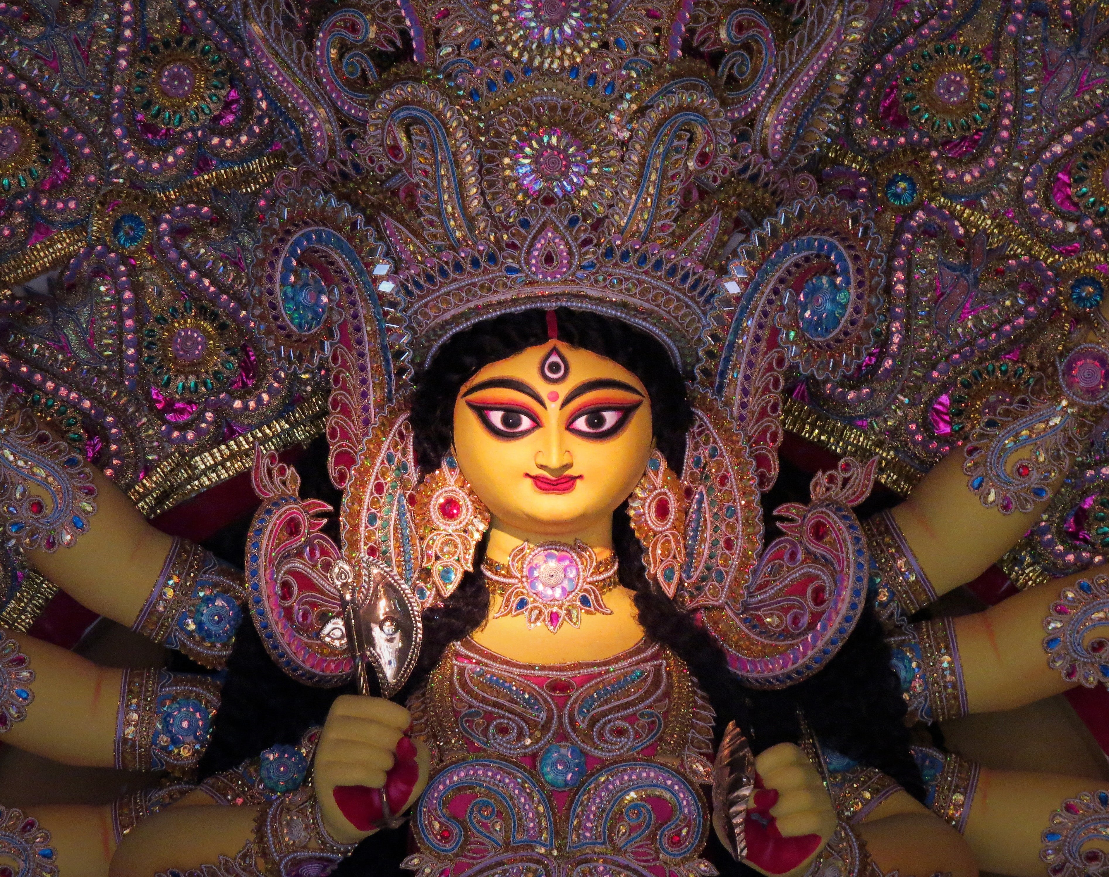 representation, close-up, indoors, sculpture, multi colored, pattern, creativity, god, design, religion, bengal, worship, hinduism, goddess, ornate, festival, HD Wallpaper