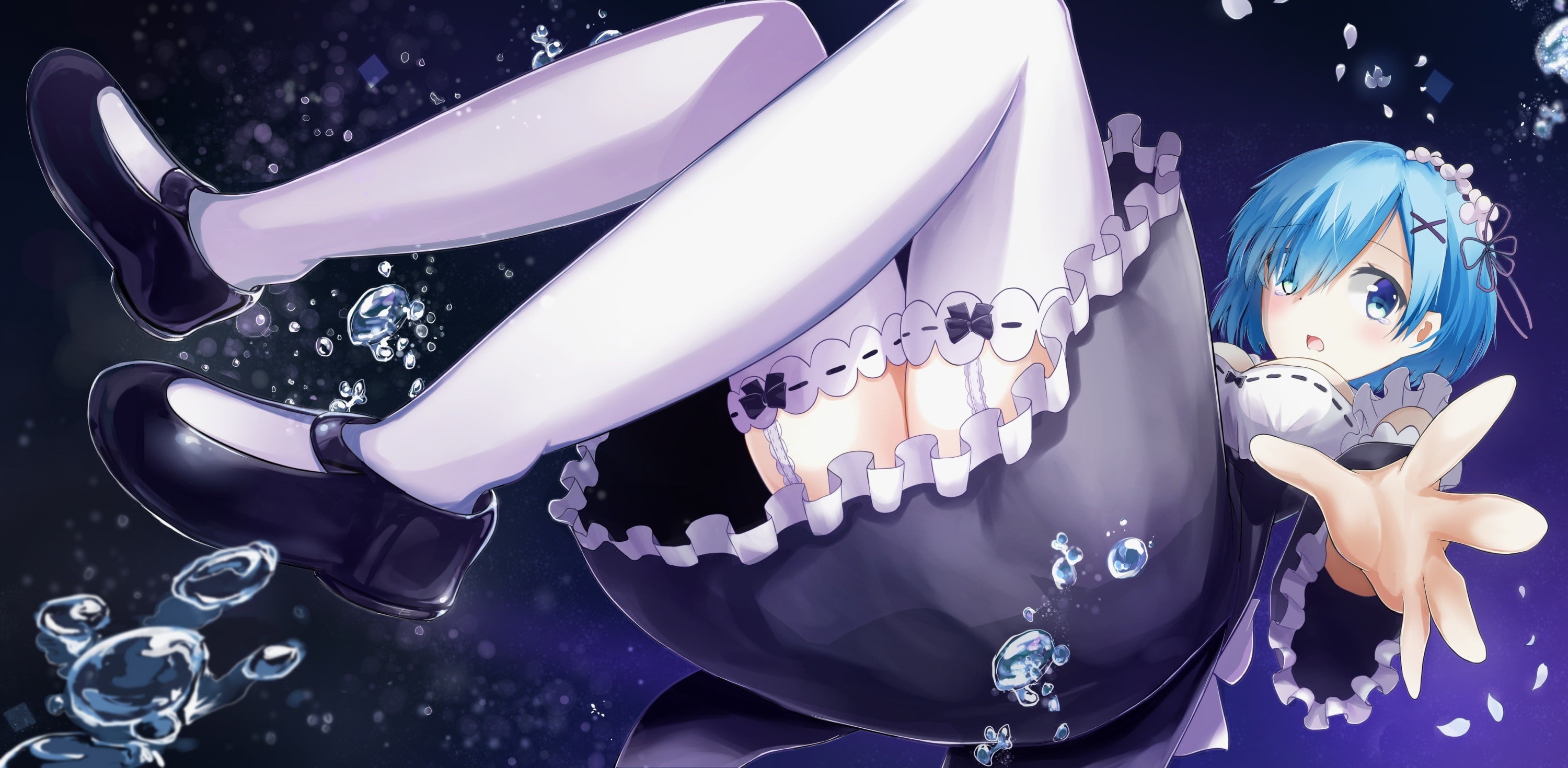 maid, anime, thigh-highs, 2K, blue hair, short hair, Re:Zero Kara Hajimeru Isekai Seikatsu, Rem (Re: Zero), blue eyes, anime girls, HD Wallpaper