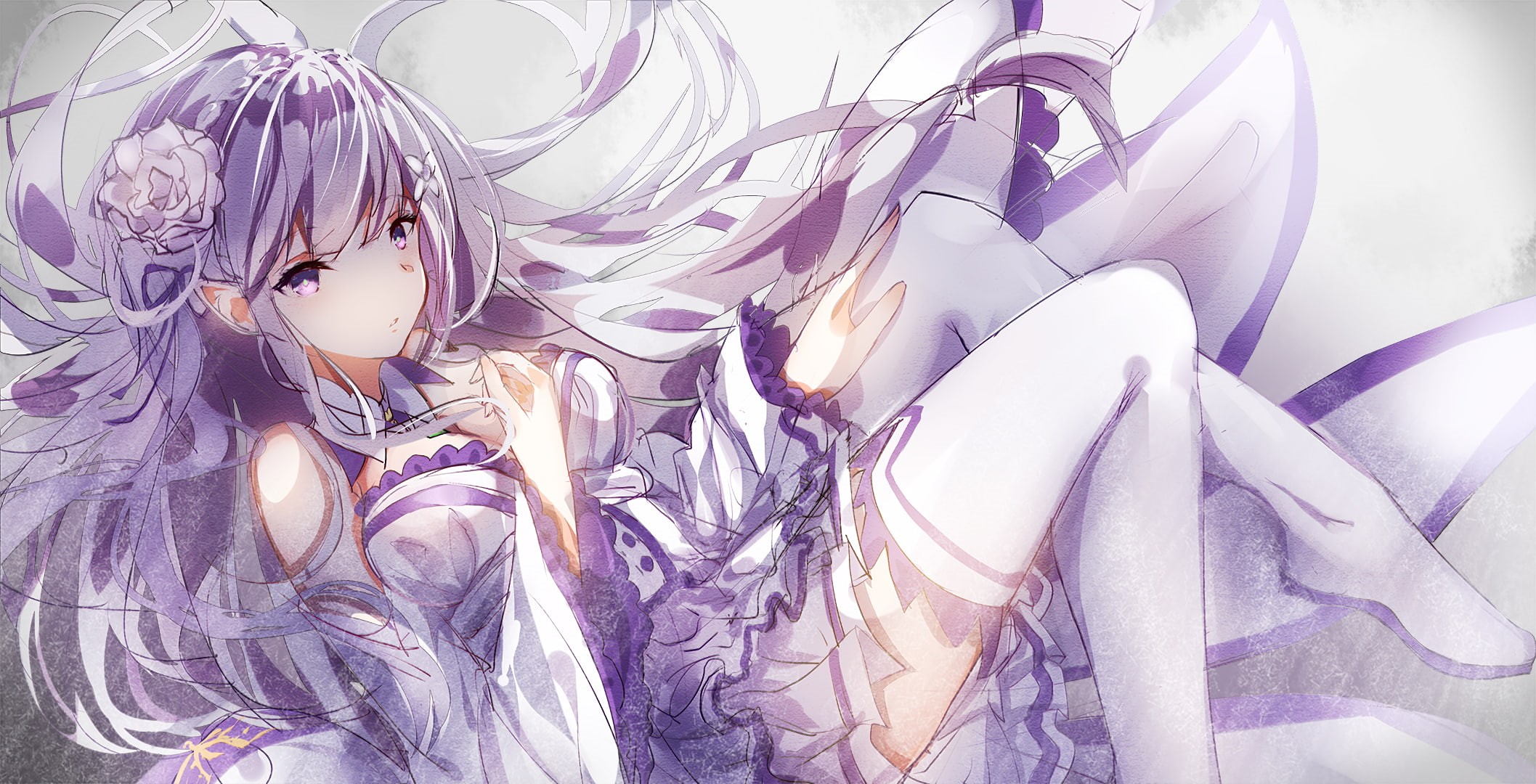 violet eyes, 1080P, thigh-highs, Emilia (Re: Zero), anime, anime girls, Re:Zero Kara Hajimeru Isekai Seikatsu, cleavage, HD Wallpaper