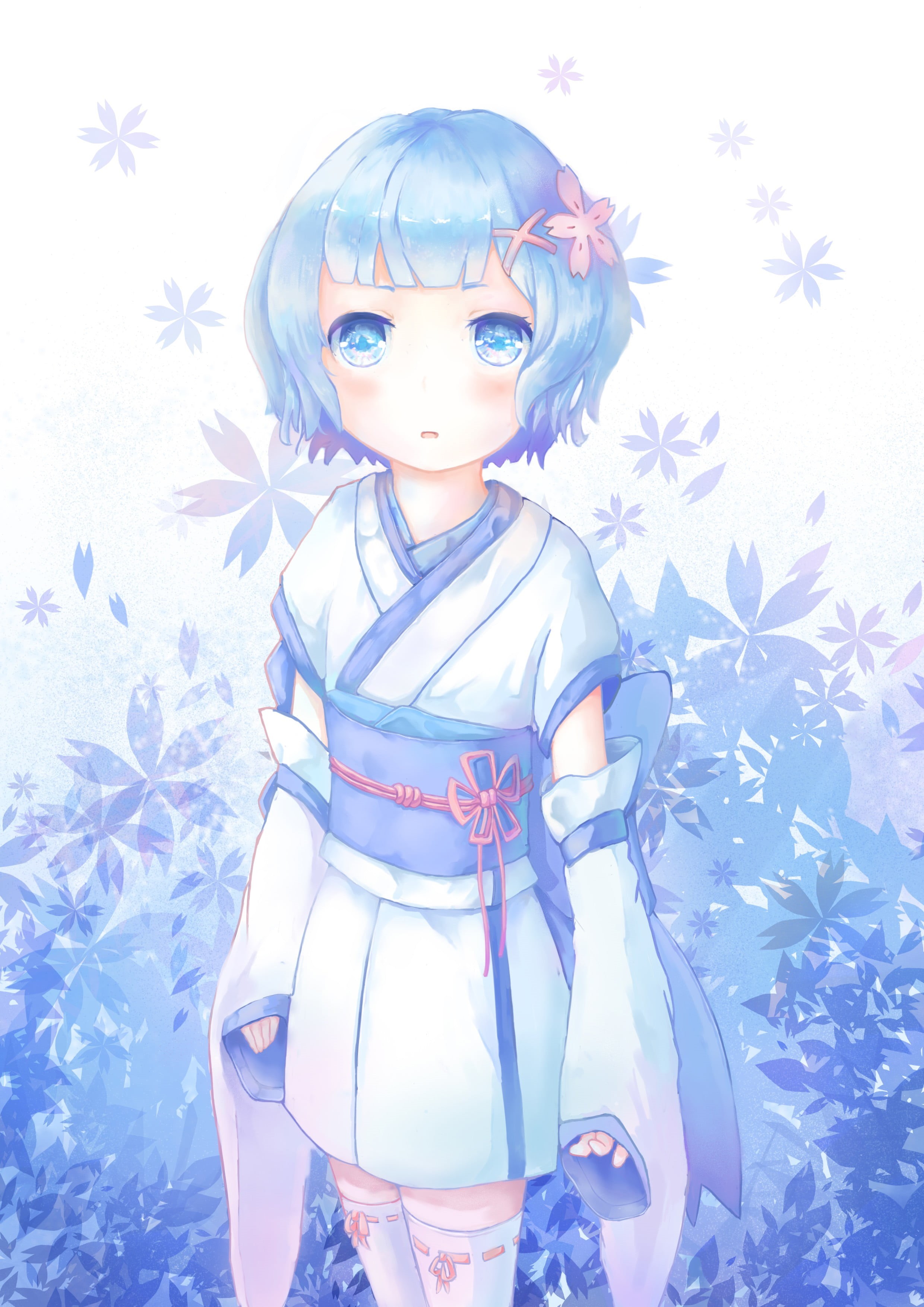 silver colored, innocence, fashion, cold temperature, portrait, cute, blue eyes, child, 2K, kimono, plant, clothing, Re:Zero Kara Hajimeru Isekai Seikatsu, Phone HD Wallpaper