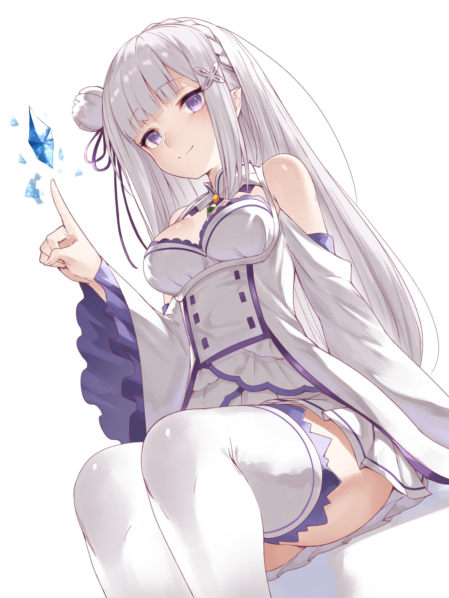 Emilia (Re: Zero), cleavage, Re:Zero Kara Hajimeru Isekai Seikatsu, pointed ears, dress, purple eyes, simple background, thigh-highs, white hair, 1080P, Phone HD Wallpaper