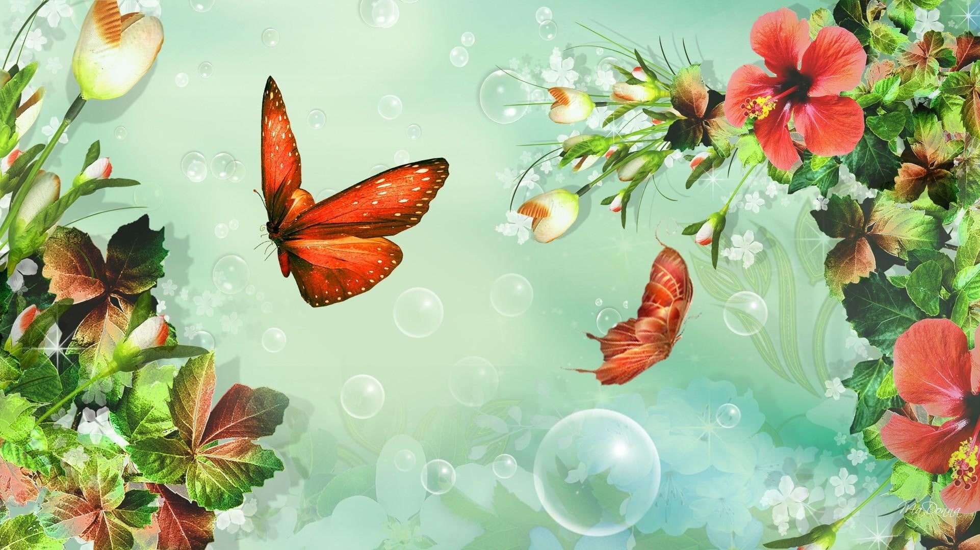 flowers, 3d and abstract, green, 1080P, orange, bubbles, distinction, butterflies, spring, floral, leaves, summer, HD Wallpaper