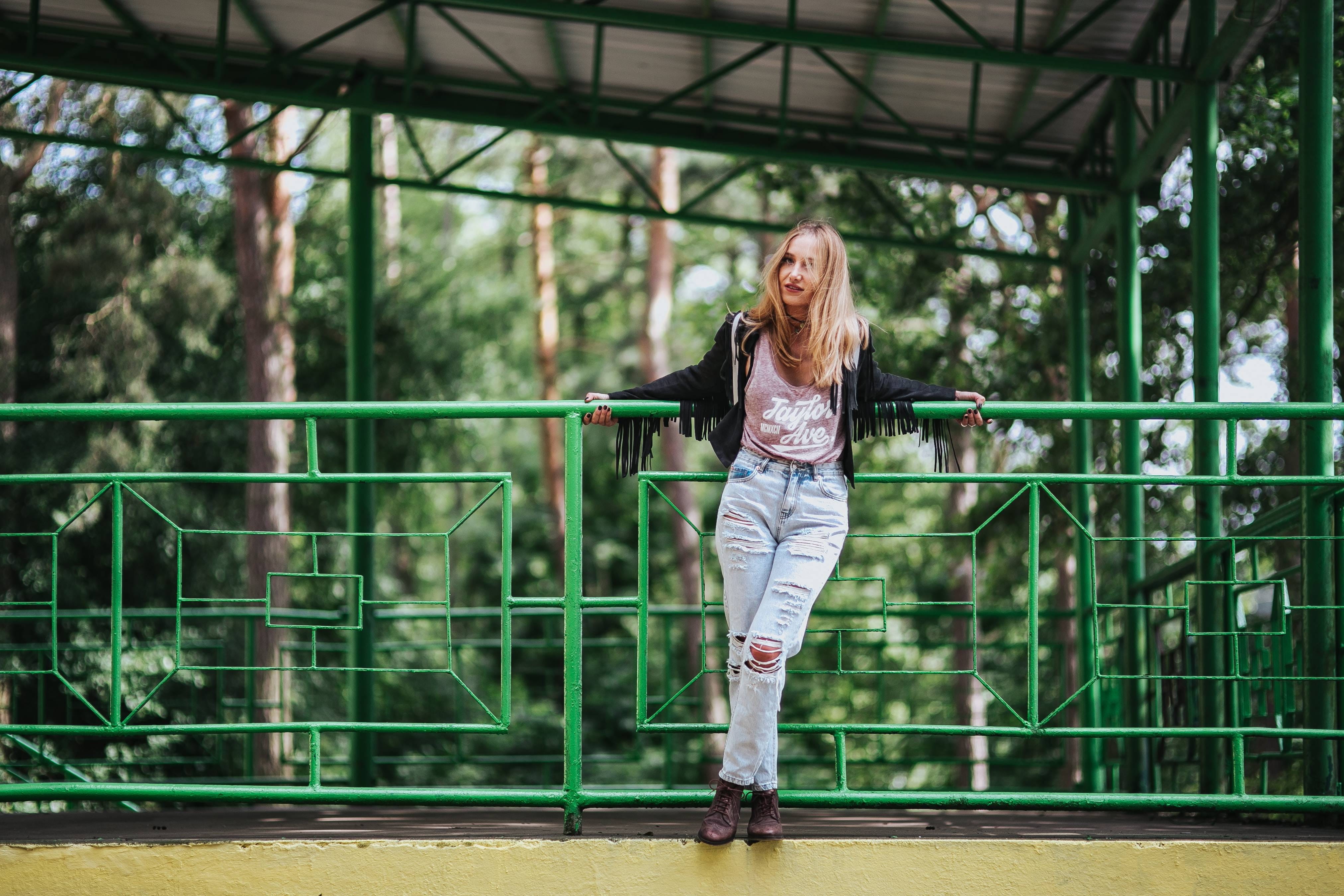adults only, jeans, young adult, one Person, caucasian Ethnicity, architecture, pretty, black, jacket, people, bridge - man made structure, rail, woman, HD Wallpaper