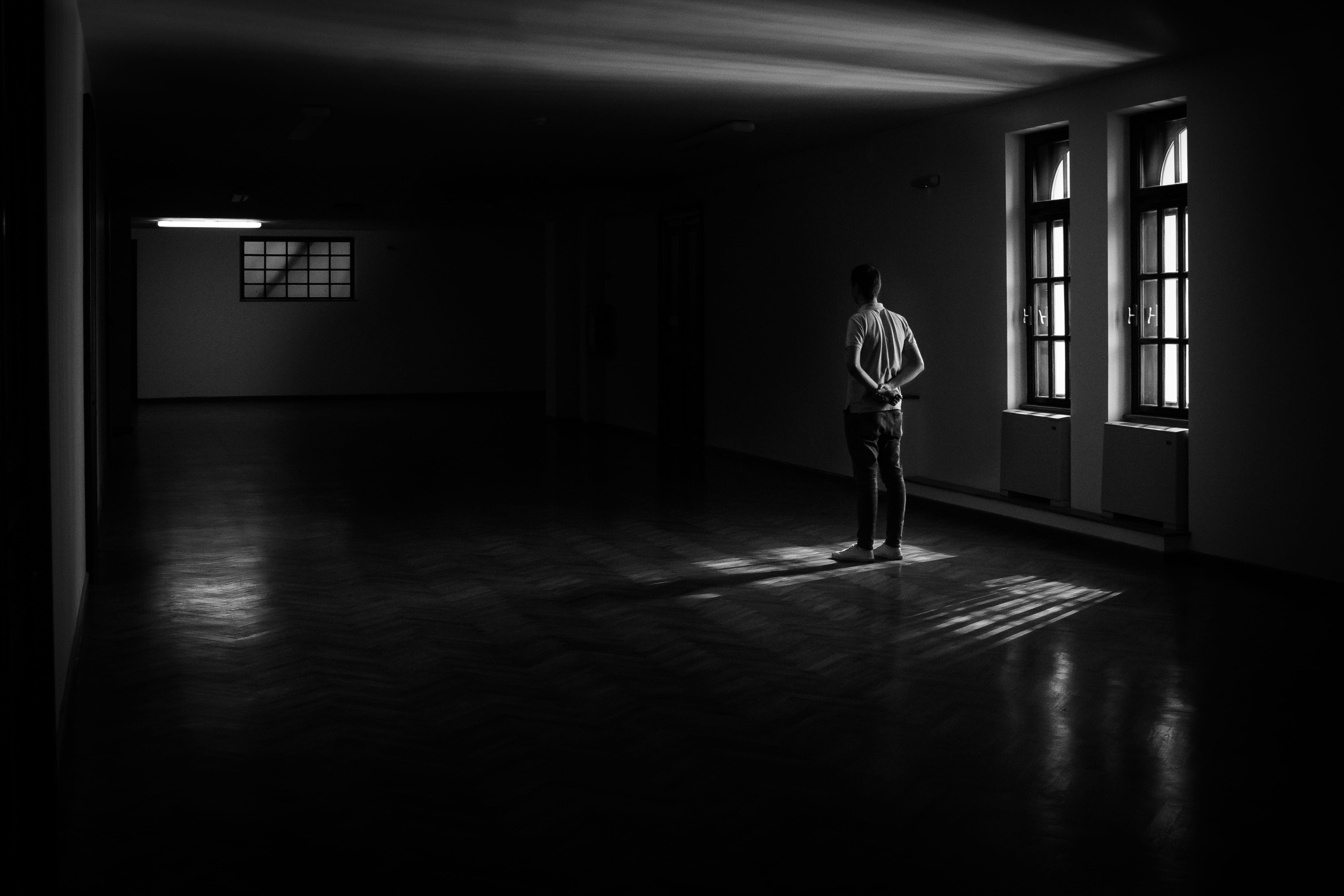 people, full length, window, dark, shadow, spooky, photo, loneliness, 5K, standing, solitude, illuminated, grayscale, indoors, inside, corridor, near, HD Wallpaper