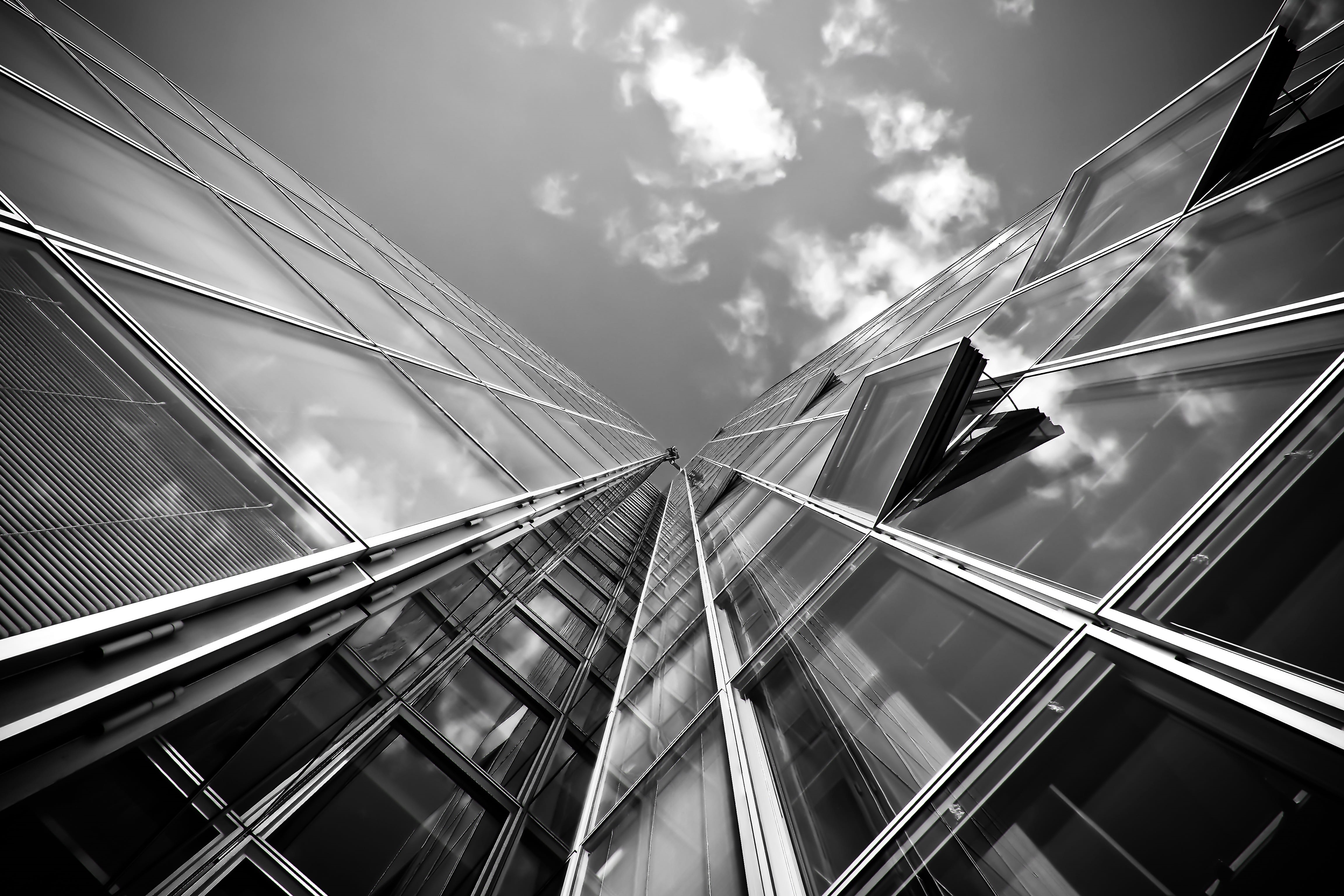 skyline, bridge - man made structure, glass - material, house facade, 4K, low angle view, alloy, glass, reflection, window, glazed, photograph, directly below, HD Wallpaper