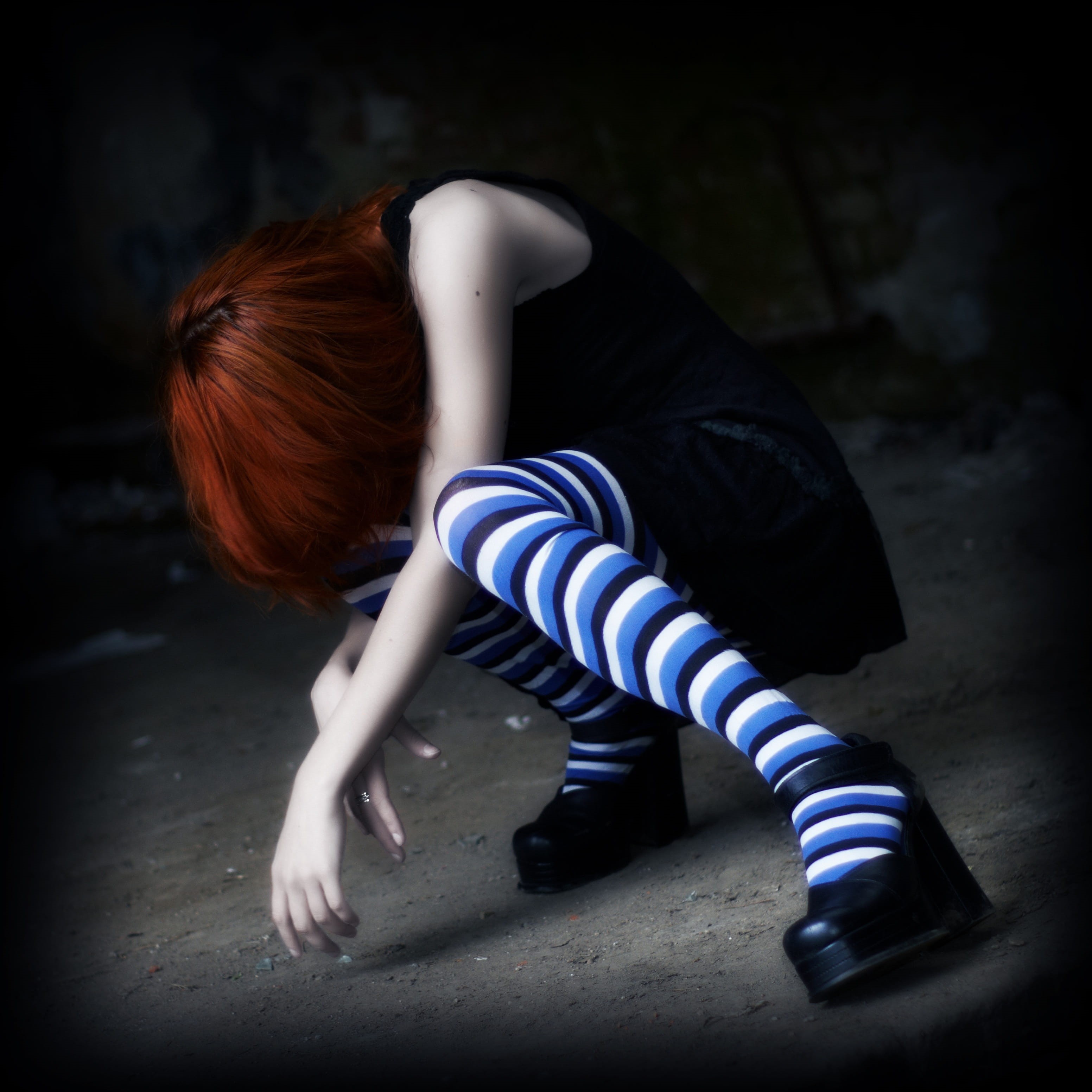 rear view, girl, cosplay, baby doll, blue, woman in black, dark background, full length, young women, redhead, pair, model, one person, young adult, women, Phone HD Wallpaper