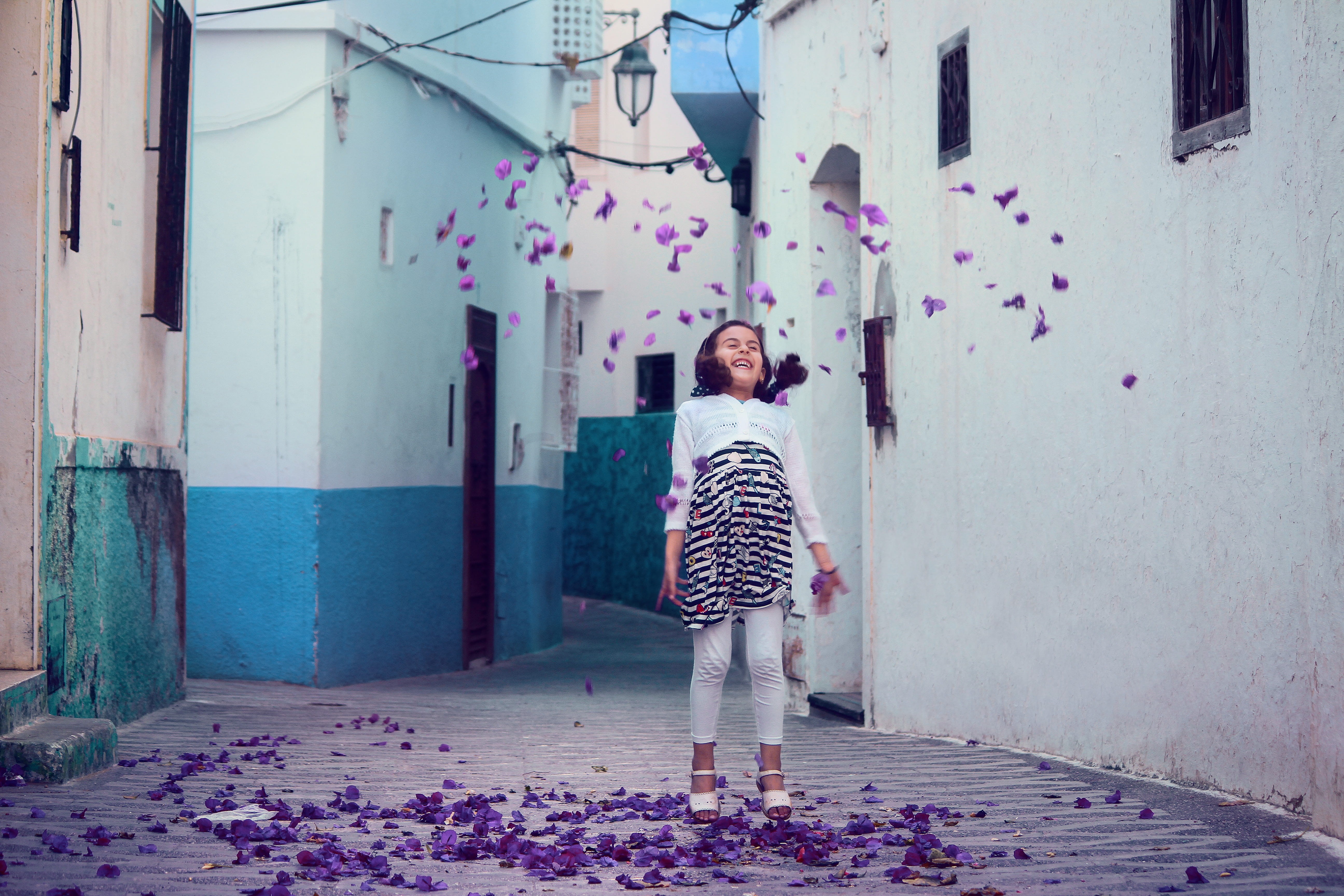 alley, standing, women, sleeved, girl, outdoors, city, females, hairstyle, front view, painted, 5K, white, petals, black, door, real people, urban Scene, HD Wallpaper