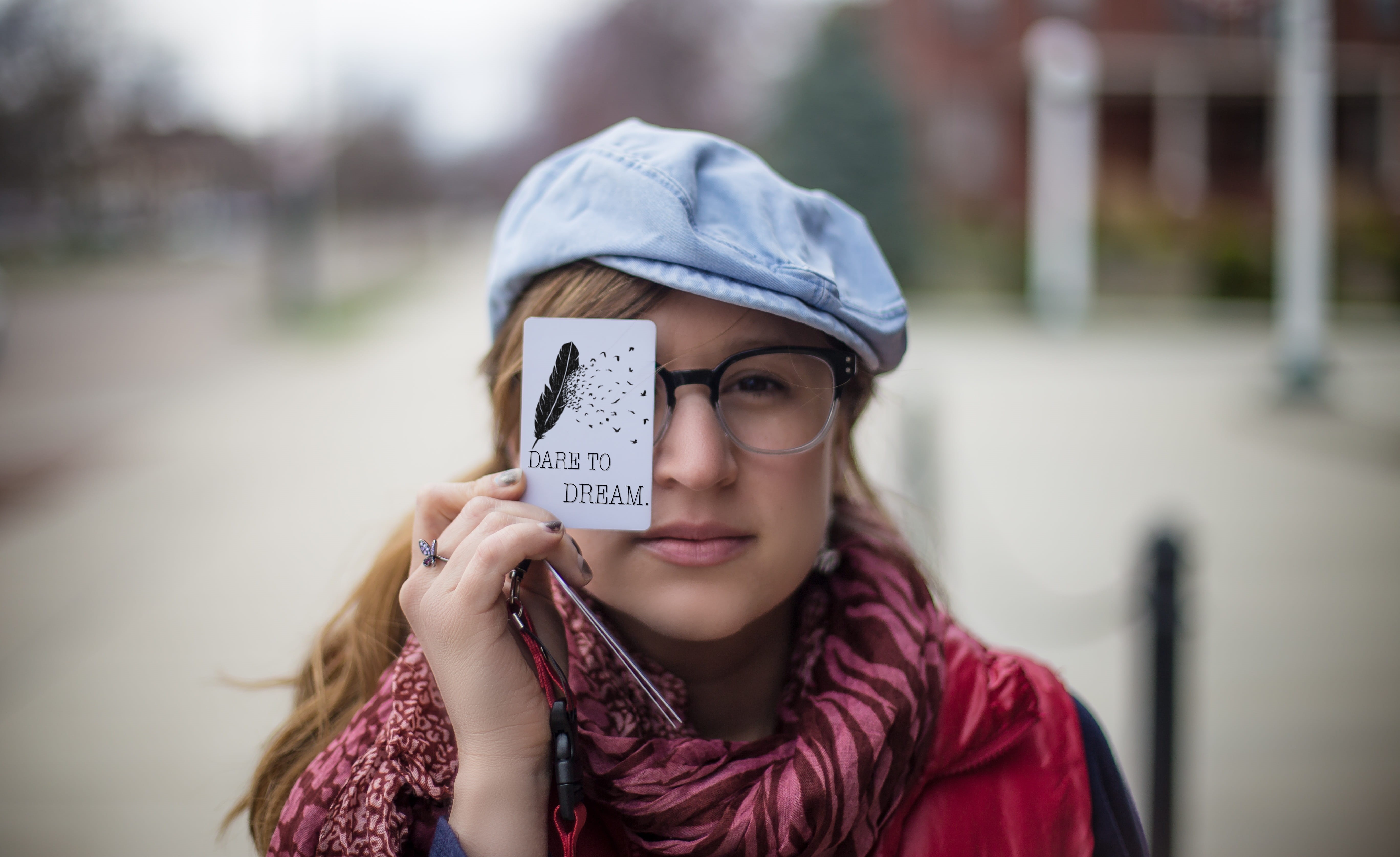 adult, hat, plastic, teenager, holding, framed, zebra pattern, leisure activity, blue hat, printed, scarf, blue, red, eyeglasses, women, females, one woman only, HD Wallpaper