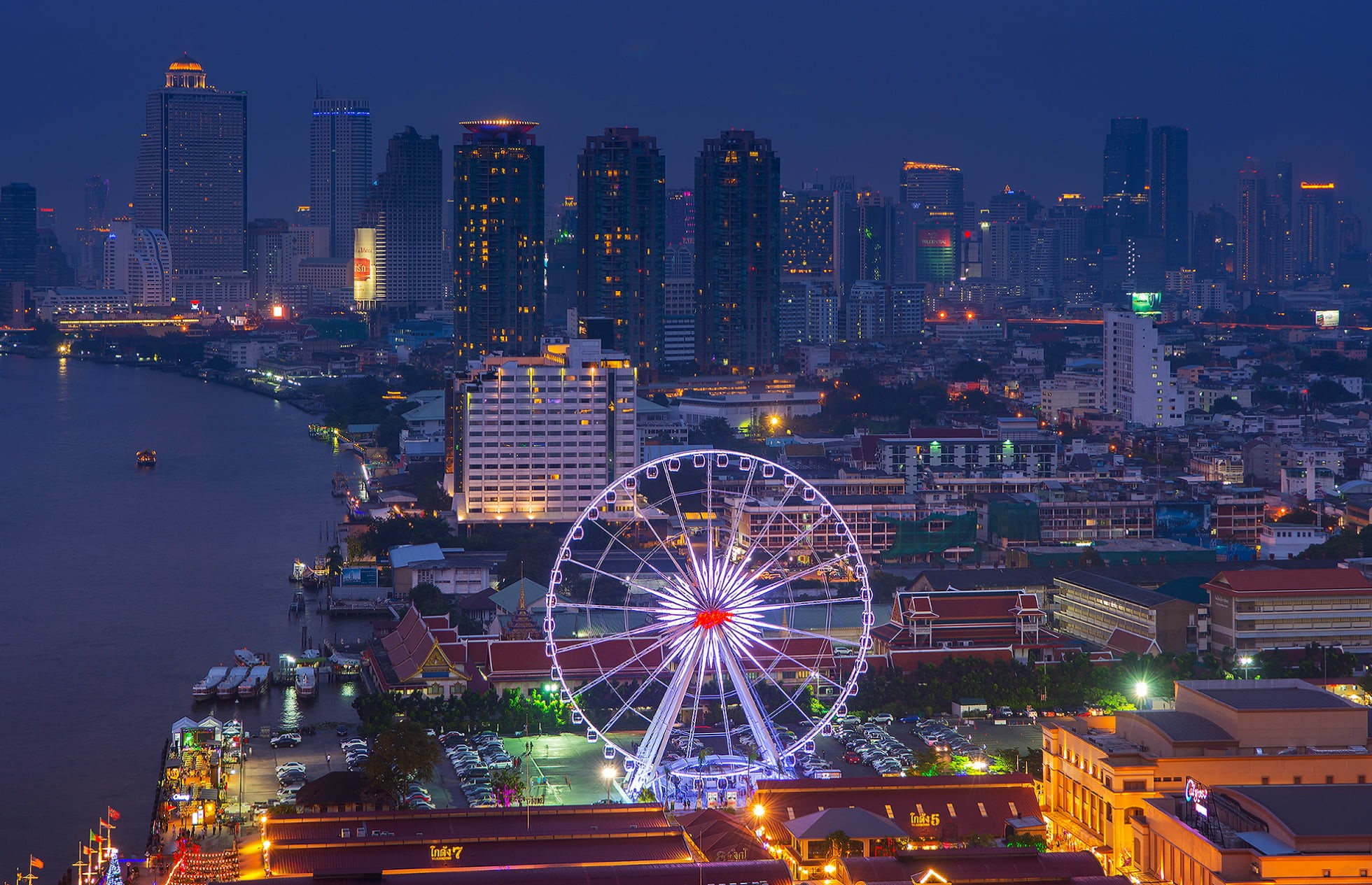 night city, capital, ferris Wheel, sky, photography, flyer, skyscrapers, urban Scene, asia, transportation, office Building, buildings, sea, office building exterior, HD Wallpaper