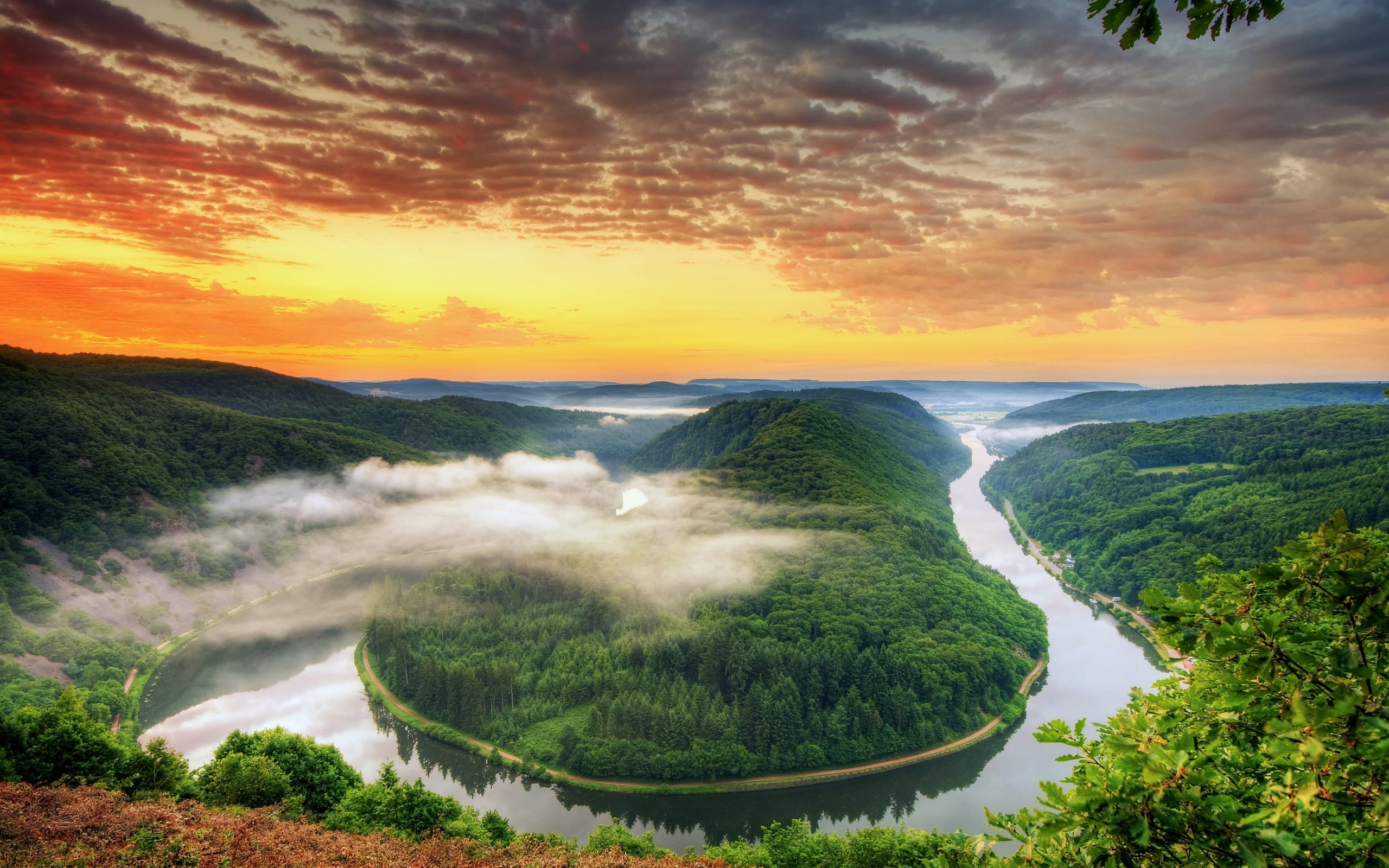 Orange, Saarland, Scenery, 2K, Clouds, Mountains, Sunset, River, Germany, Bend, Sky, HD Wallpaper