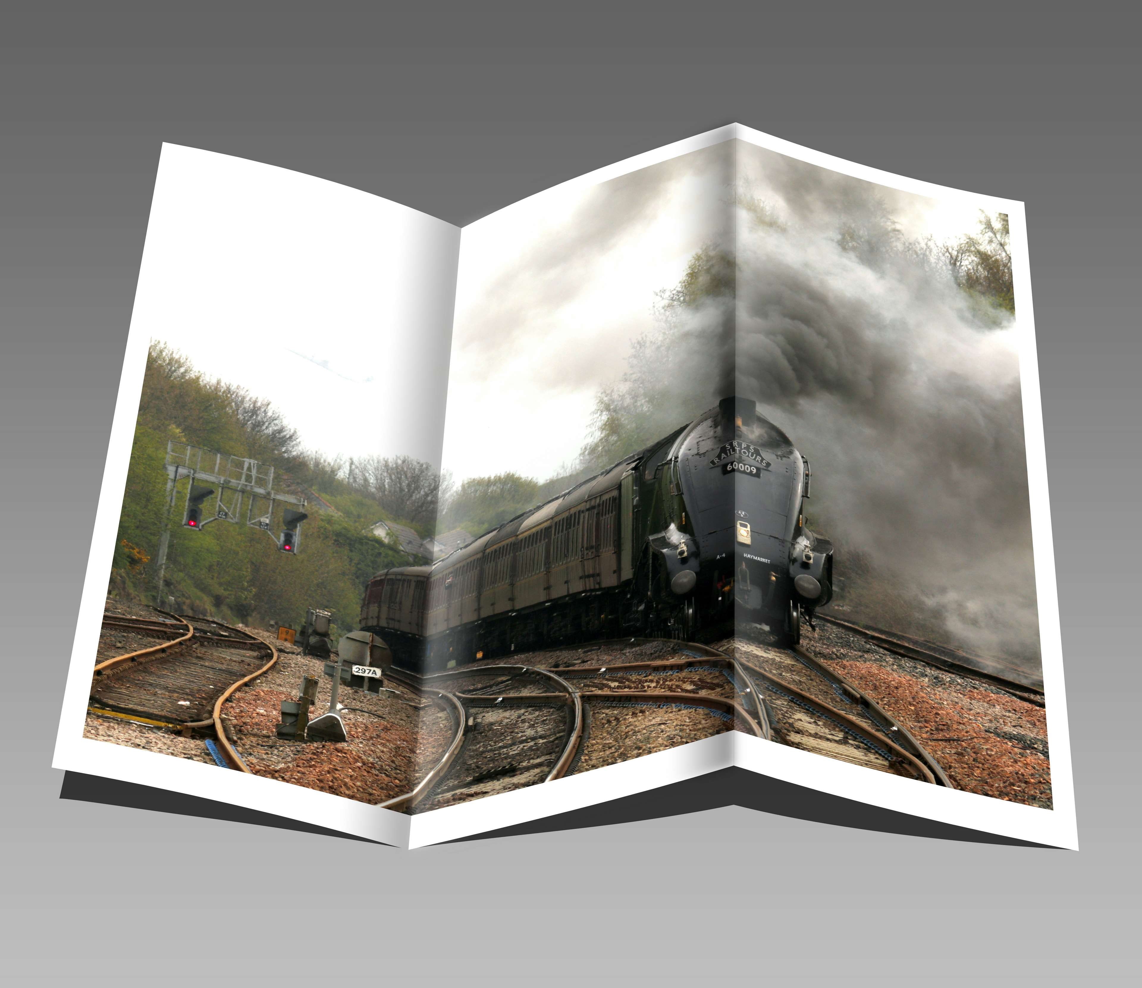 smoke, trees, crease, design, railways, building, building exterior, steam, no people, plant, pamphlet, locomotive, rail, nature, spirituality, digital composite, HD Wallpaper
