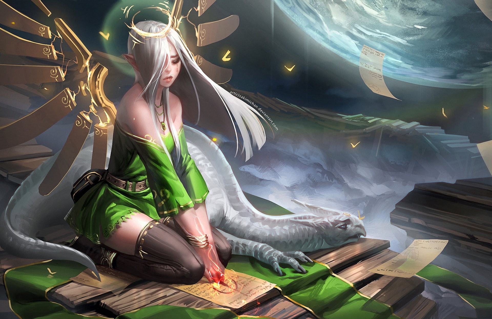wings, Magic, girl, 1080P, Halo, elf, Dragons, spell, Leaflets, Sakimichan, art, dragon, planet, ears, HD Wallpaper