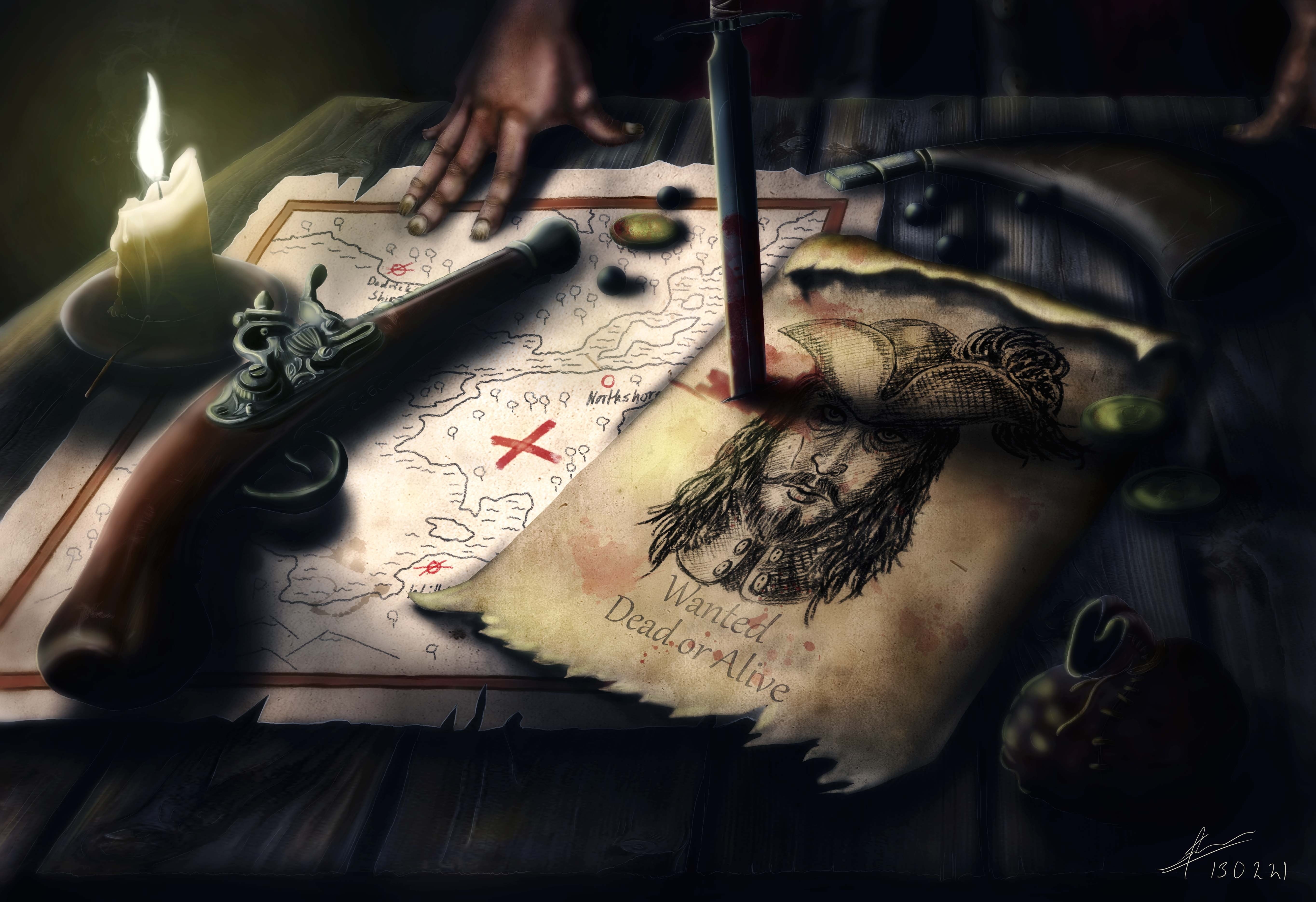 table, ad, 5K, revolver, pirate, leaflet, art, candle, search, map, HD Wallpaper