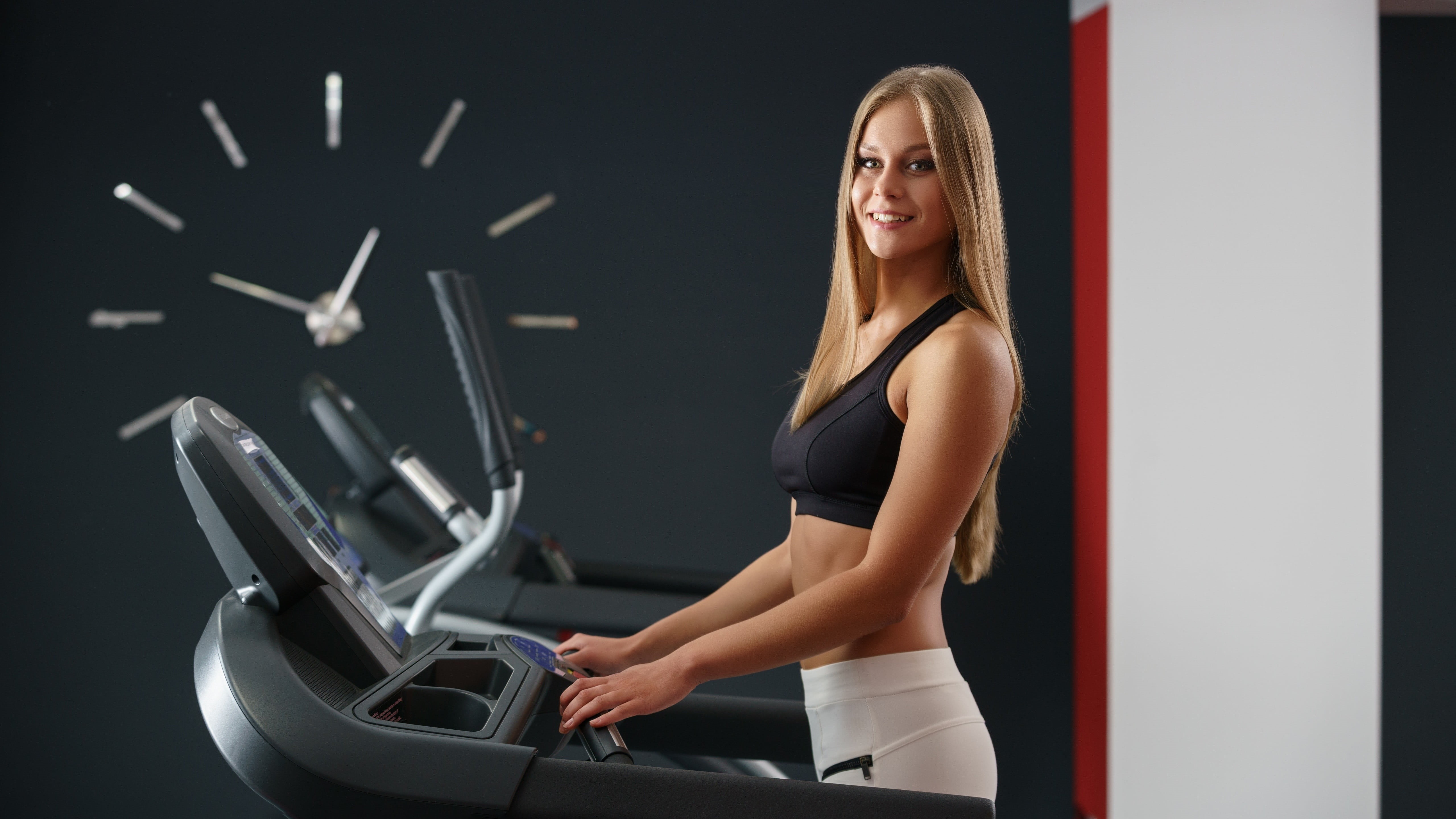 clocks, sports training, healthy lifestyle, exercise machine, exercising, indoors, one person, beauty, smiling, beautiful people, fitness model, 5K, body conscious, HD Wallpaper