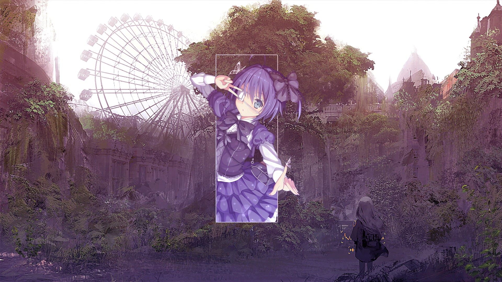 Photoshop, 1080P, anime, digital art, picture-in-picture, trees, anime girls, treadmills, purple dress, anime landscape, HD Wallpaper