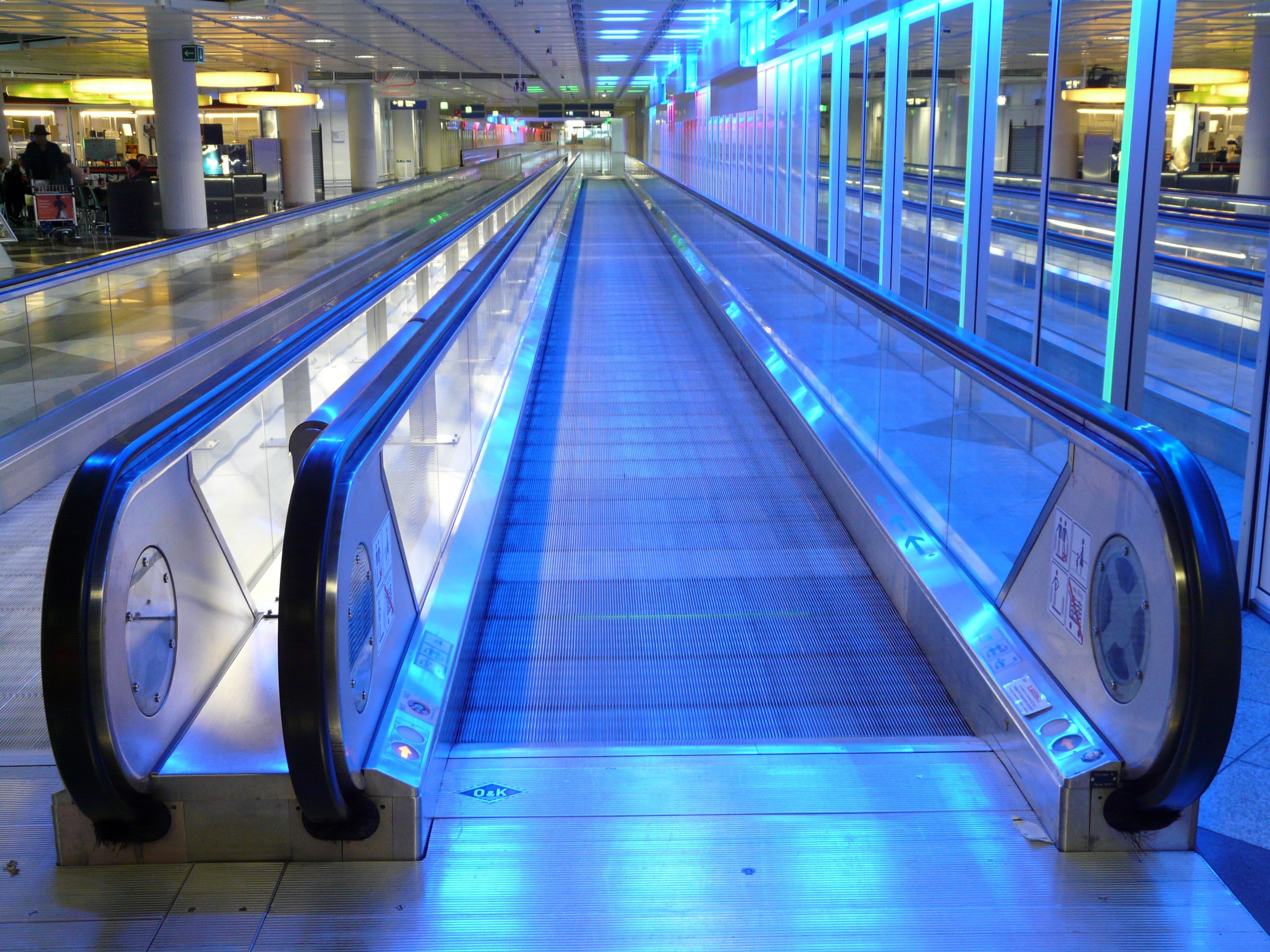 neon, blue, indoors, inlet place, motion, airport terminal, reflection, treadmill, airport, 2K, means of transport, neon light, escalator, roll band, connection, HD Wallpaper