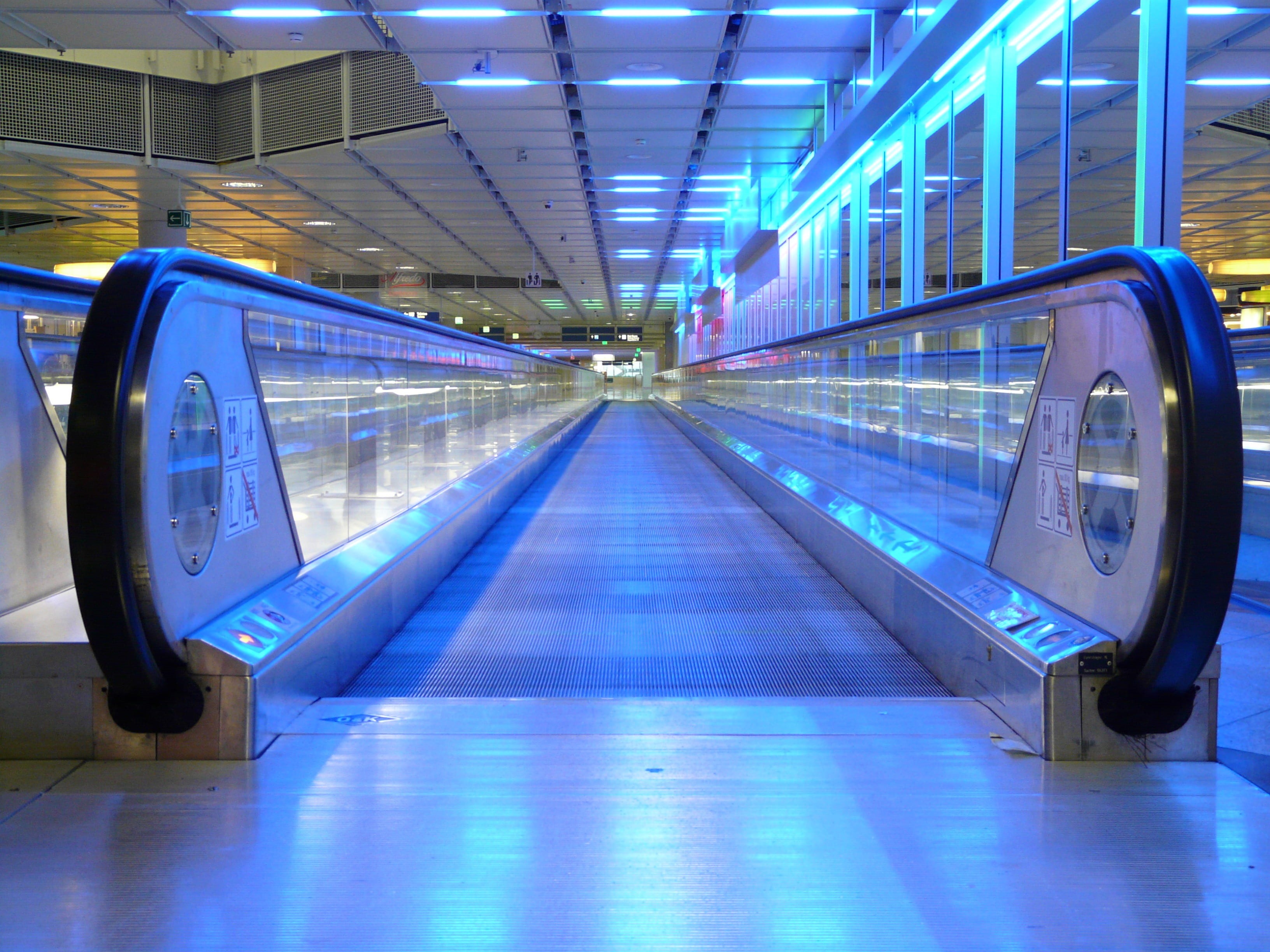 bluish, lighting equipment, facilitate, futuristic, pavement, no people, glass - material, lighted, business trip, rolling pavement, inlet place, 2K, airport, HD Wallpaper