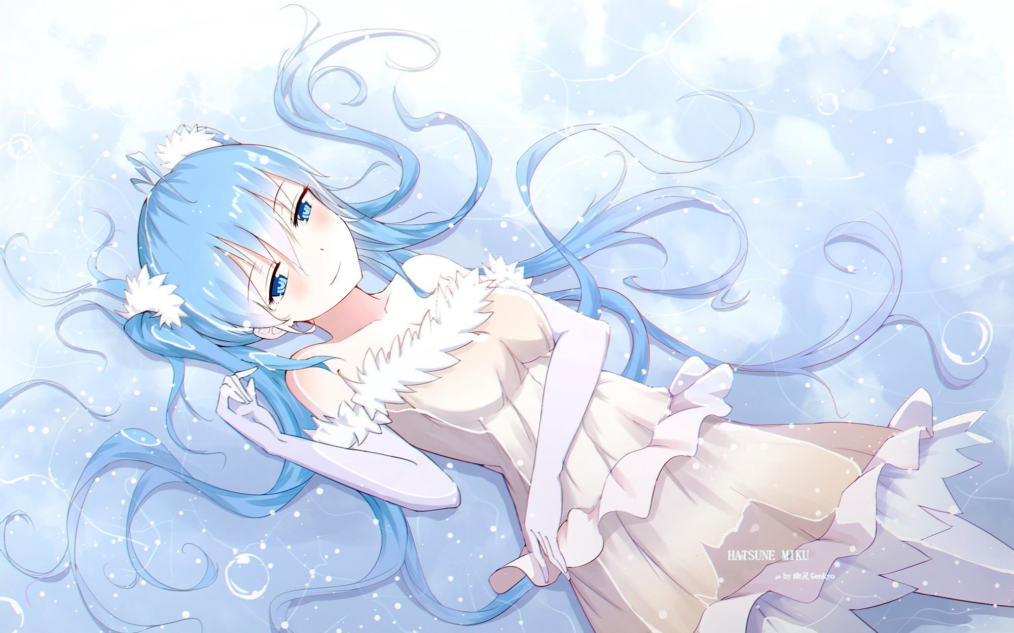 aqua eyes, gloves, girl, dress, white color, close-up, anime, young adult, character, young women, beautiful woman, blue, Vocaloid, portrait, leisure activity, HD Wallpaper