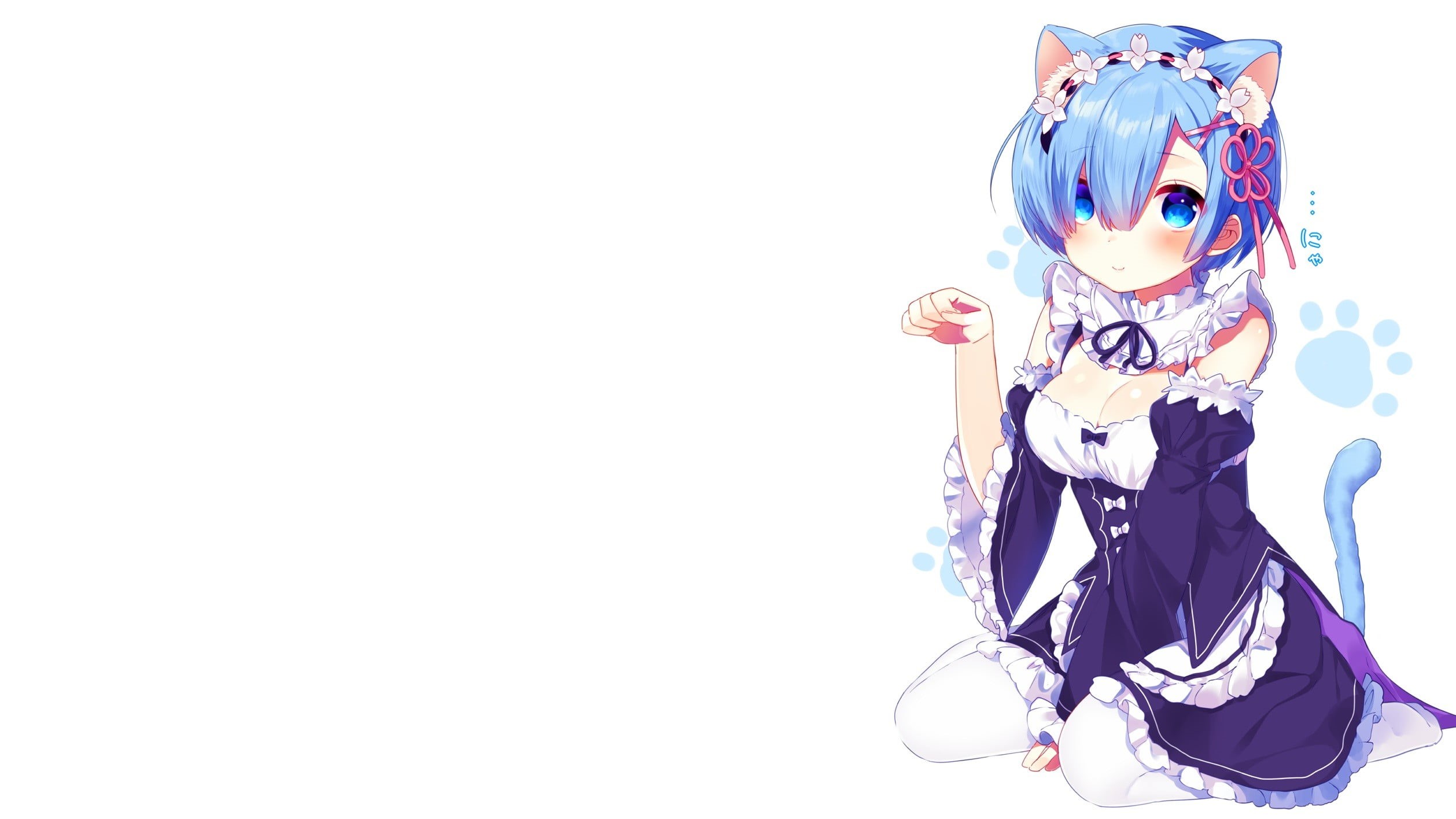 front view, indoors, Re:Zero Kara Hajimeru Isekai Seikatsu, white background, young women, blushing, lifestyles, nekomimi, white, studio shot, headdress, HD Wallpaper